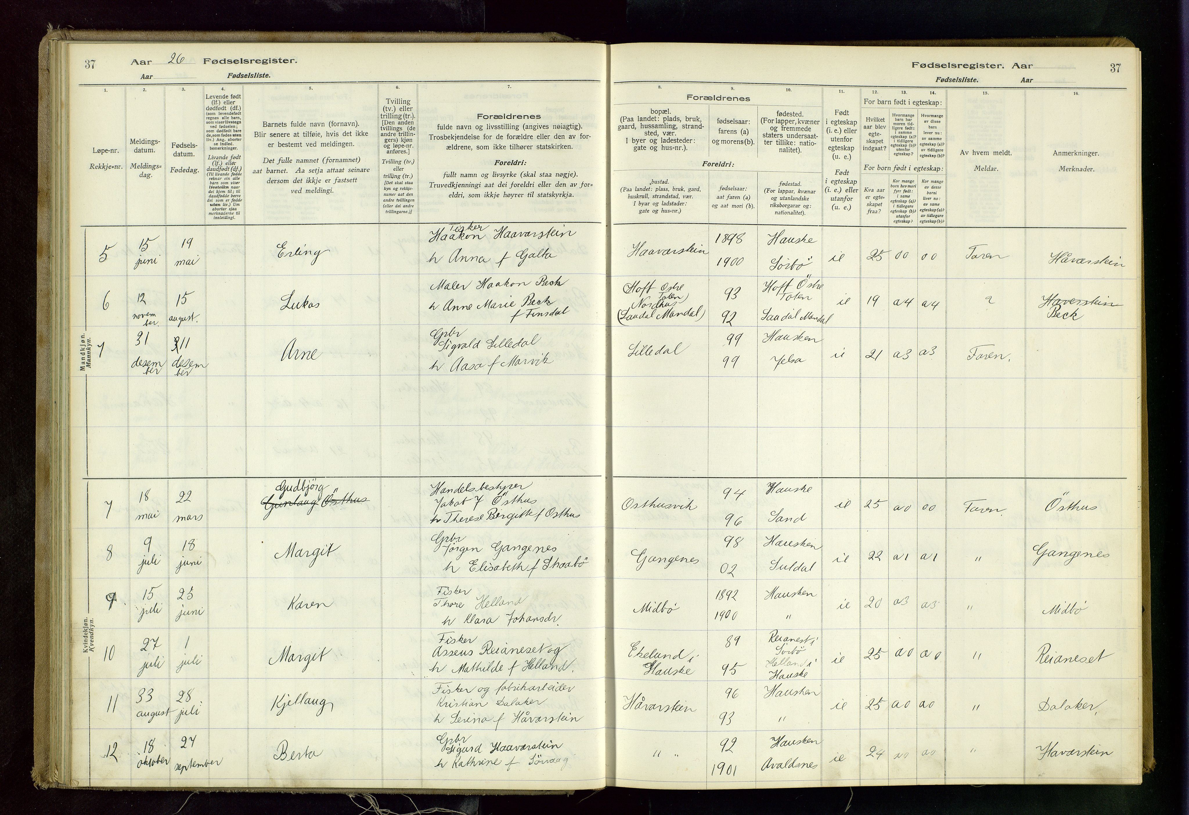 Rennesøy sokneprestkontor, AV/SAST-A -101827/I/Id/L0001: Birth register no. 1, 1916-1982, p. 37