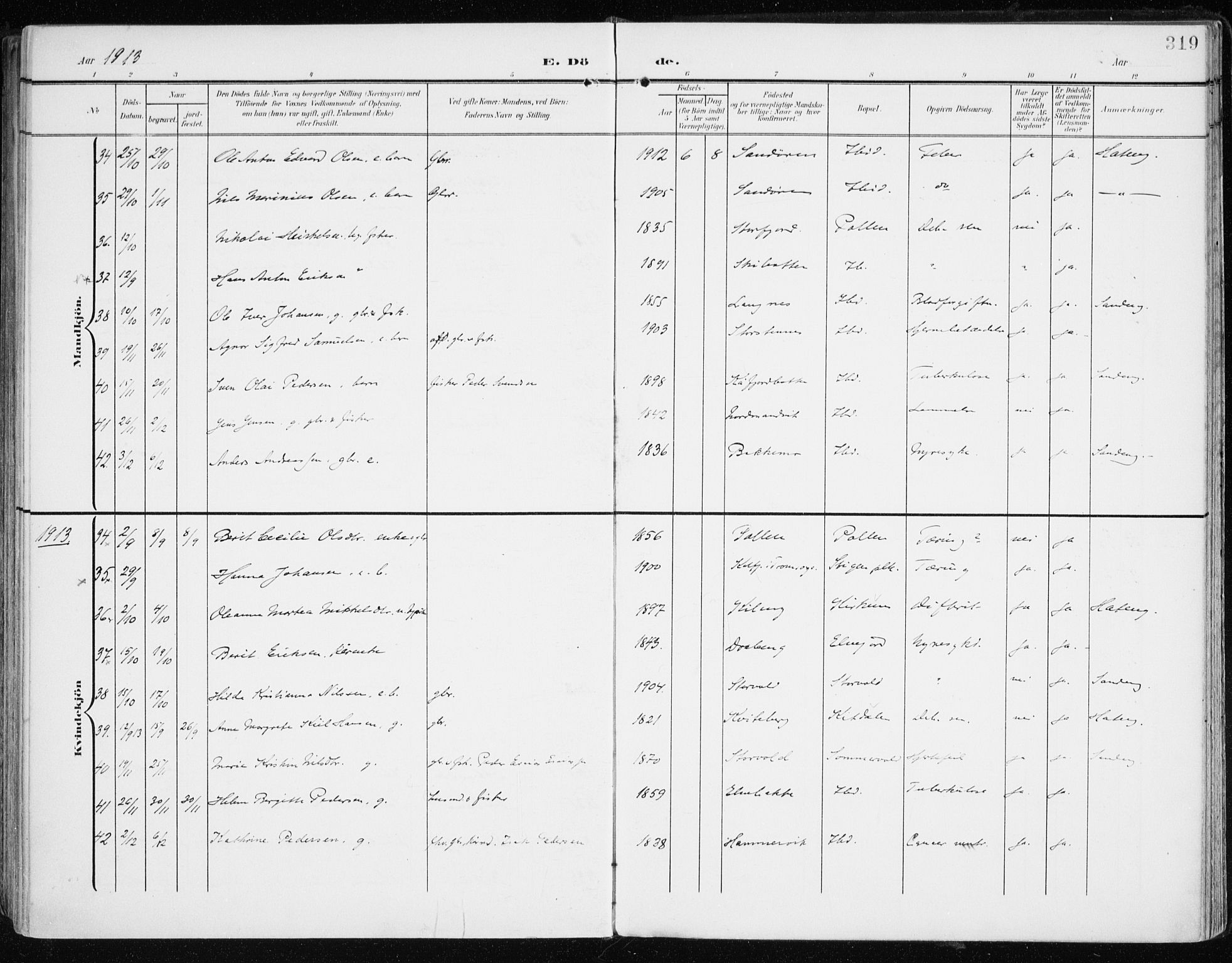 Lyngen sokneprestembete, AV/SATØ-S-1289/H/He/Hea/L0011kirke: Parish register (official) no. 11, 1903-1913, p. 319