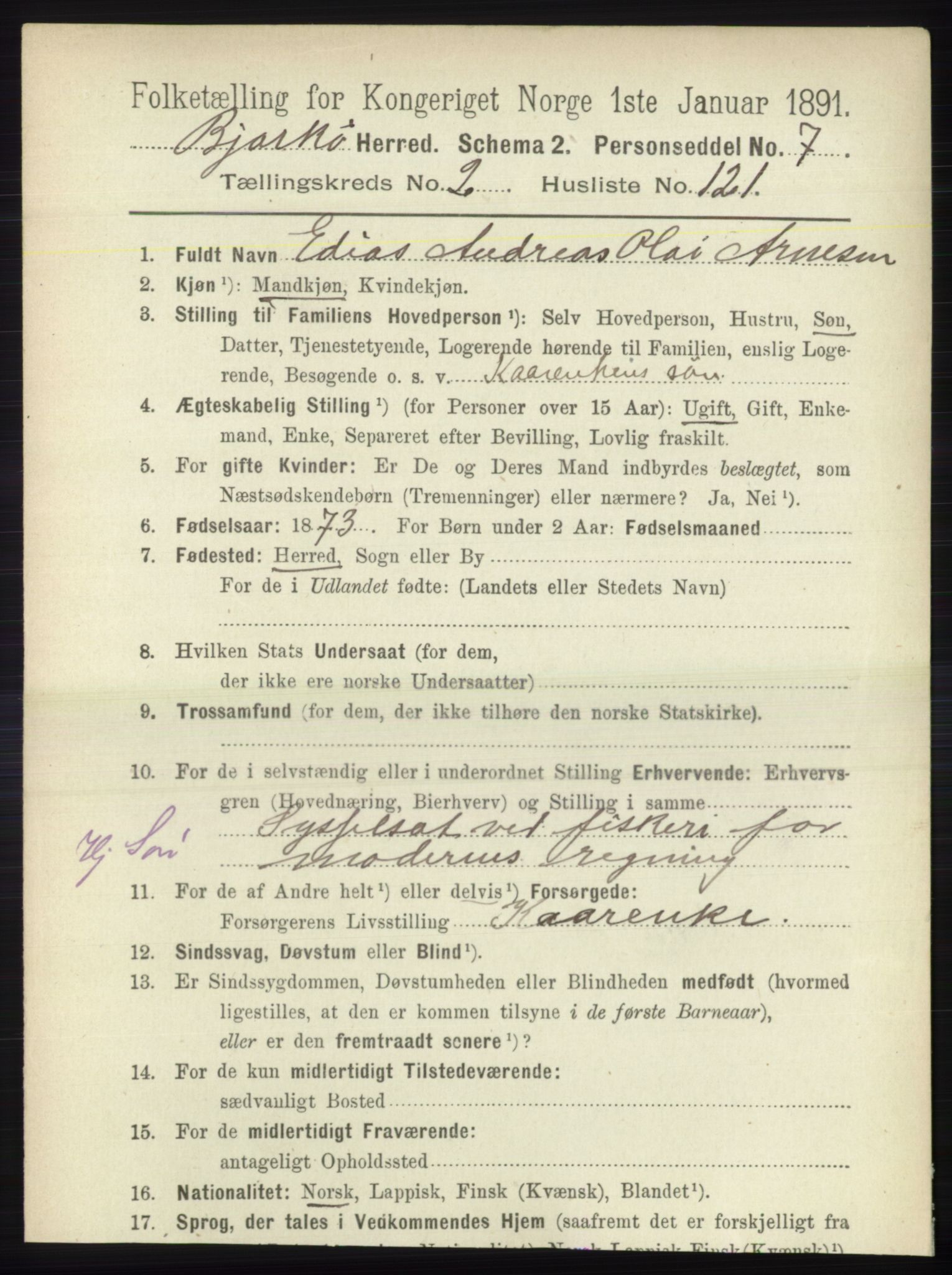 RA, 1891 census for 1915 Bjarkøy, 1891, p. 1479