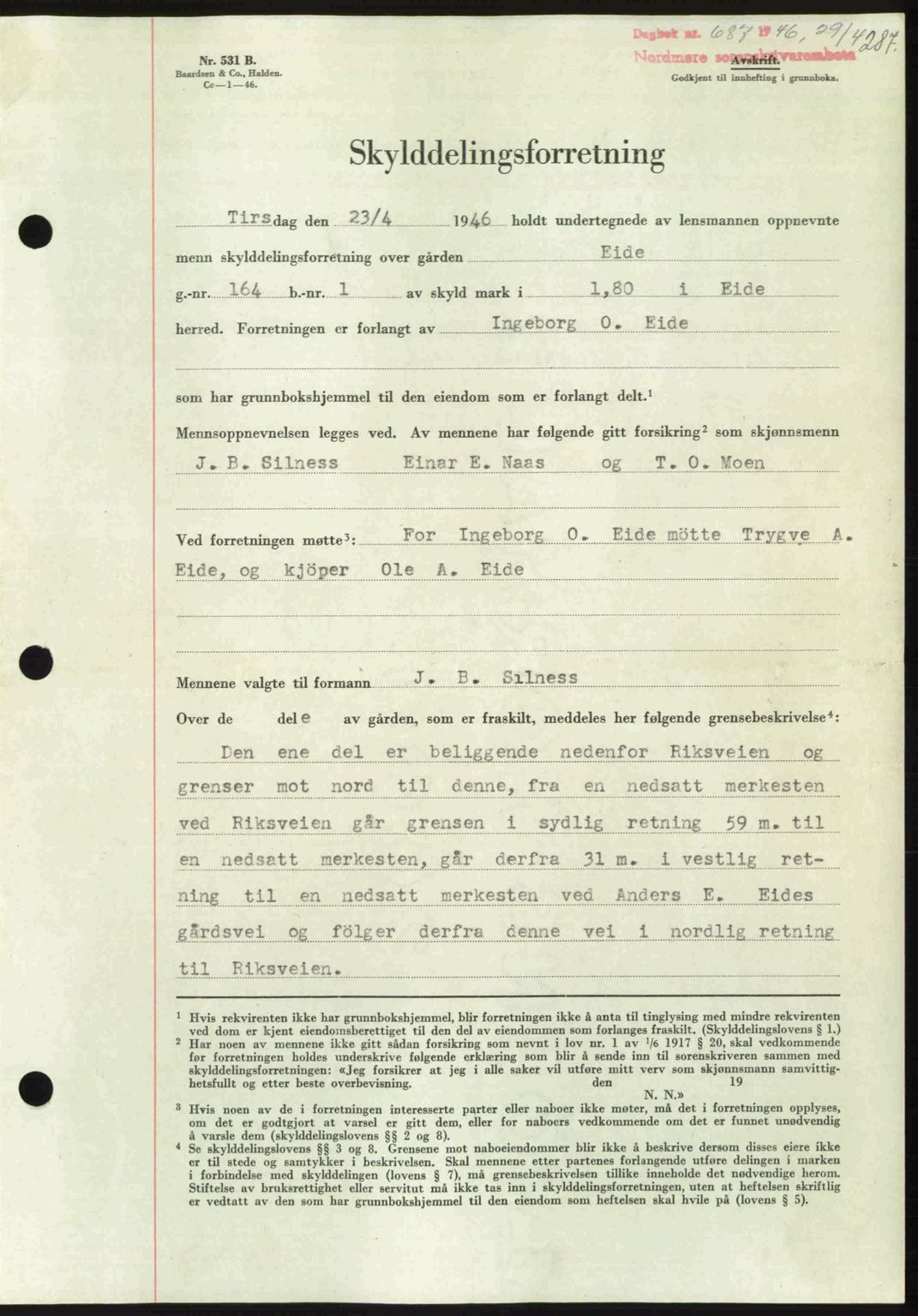 Nordmøre sorenskriveri, AV/SAT-A-4132/1/2/2Ca: Mortgage book no. A101, 1946-1946, Diary no: : 687/1946