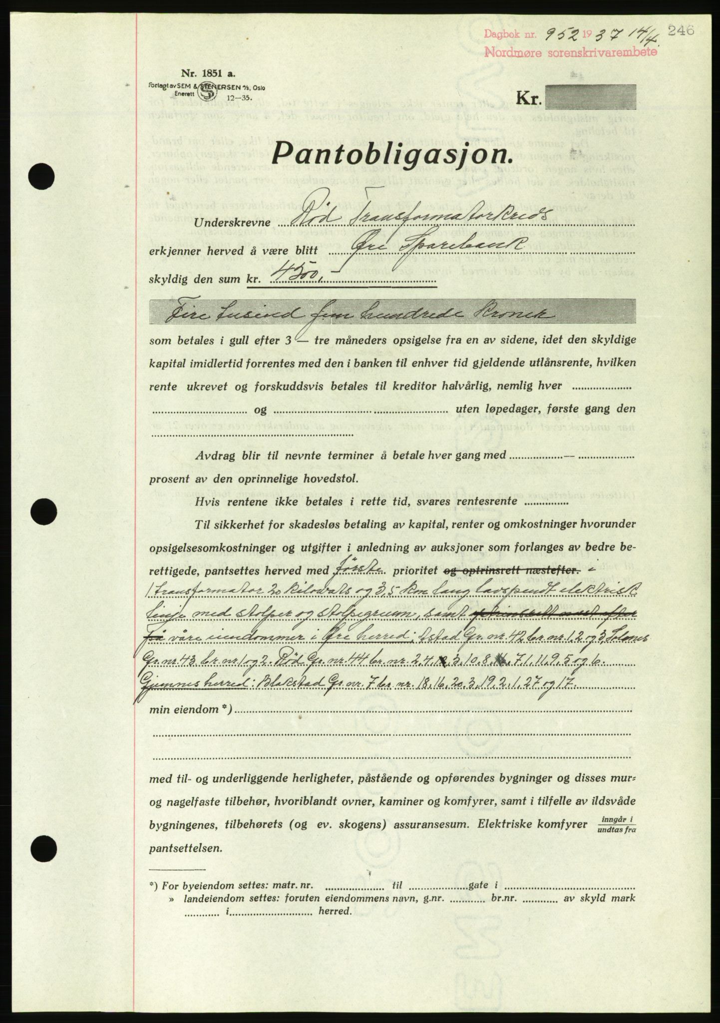 Nordmøre sorenskriveri, AV/SAT-A-4132/1/2/2Ca/L0091: Mortgage book no. B81, 1937-1937, Diary no: : 952/1937