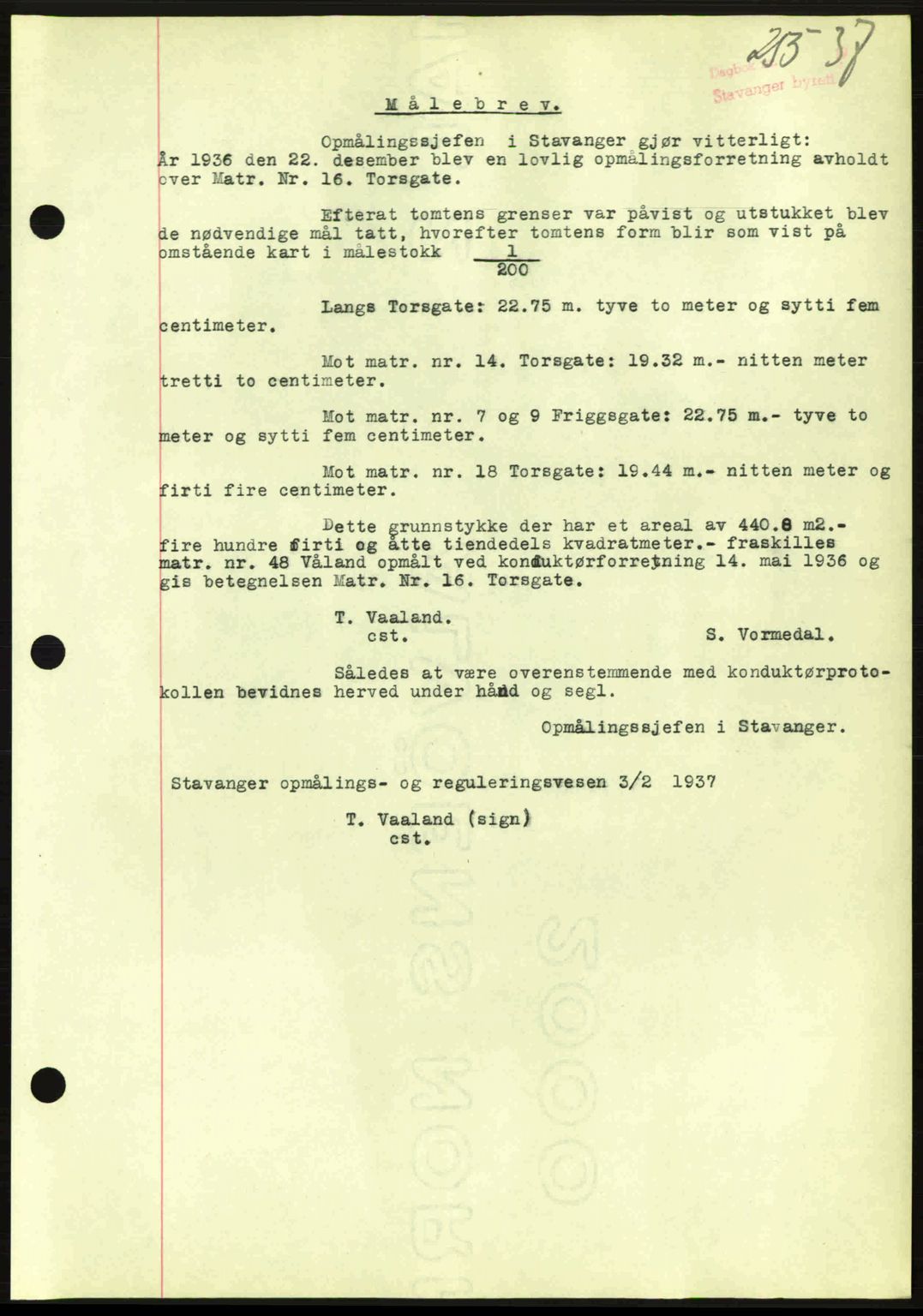 Stavanger byrett, SAST/A-100455/002/G/Gb/L0012: Mortgage book no. A2, 1936-1937, Diary no: : 255/1937