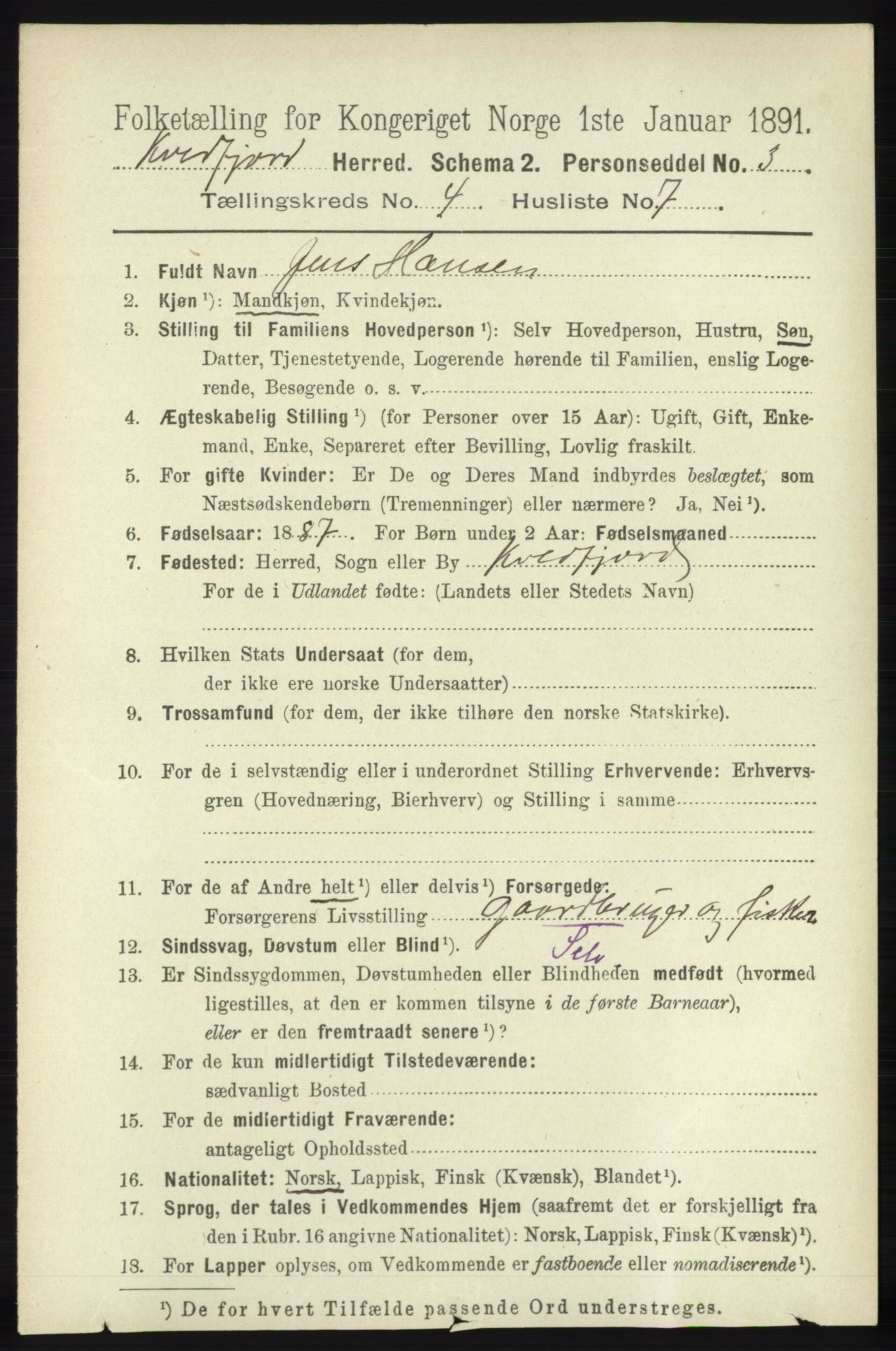 RA, 1891 census for 1911 Kvæfjord, 1891, p. 1929
