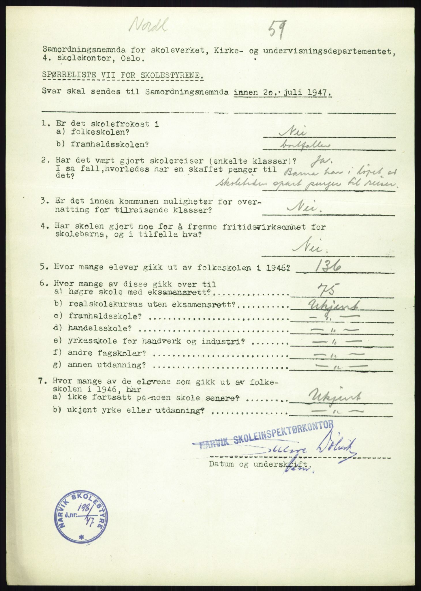 Kirke- og undervisningsdepartementet, Samordningsnemnda for skoleverket, AV/RA-S-1146/D/L0008: Svar på spørreskjema fra kommuner i Nord-Trøndelag, Nordland, Troms og Finnmark, 1947, p. 531