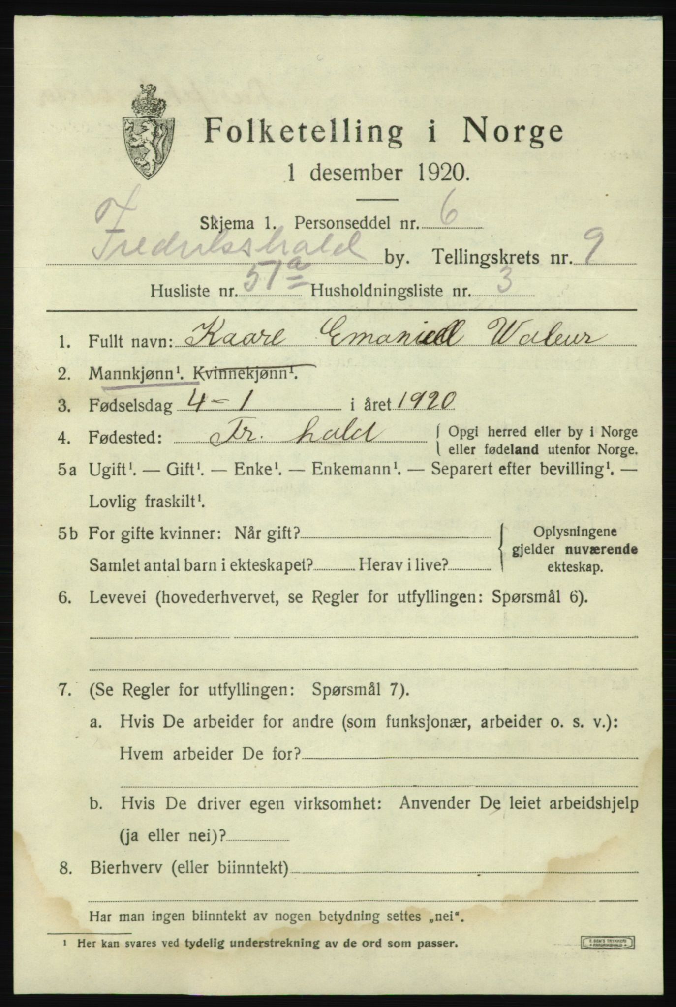 SAO, 1920 census for Fredrikshald, 1920, p. 17153