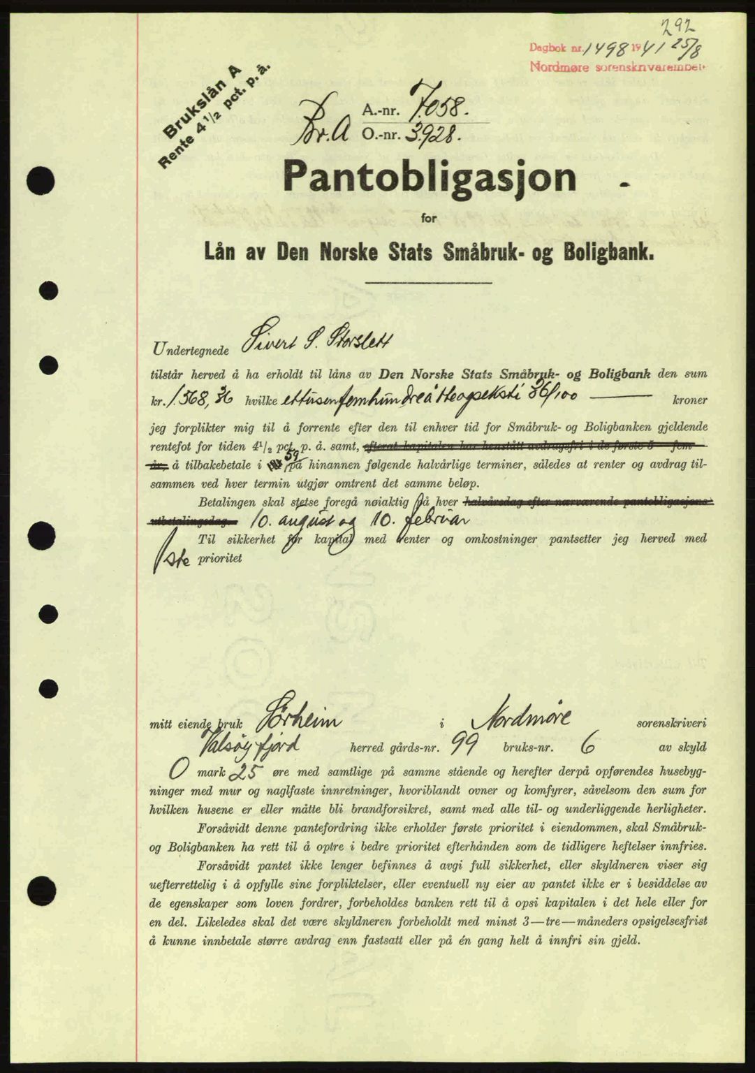 Nordmøre sorenskriveri, AV/SAT-A-4132/1/2/2Ca: Mortgage book no. B88, 1941-1942, Diary no: : 1498/1941