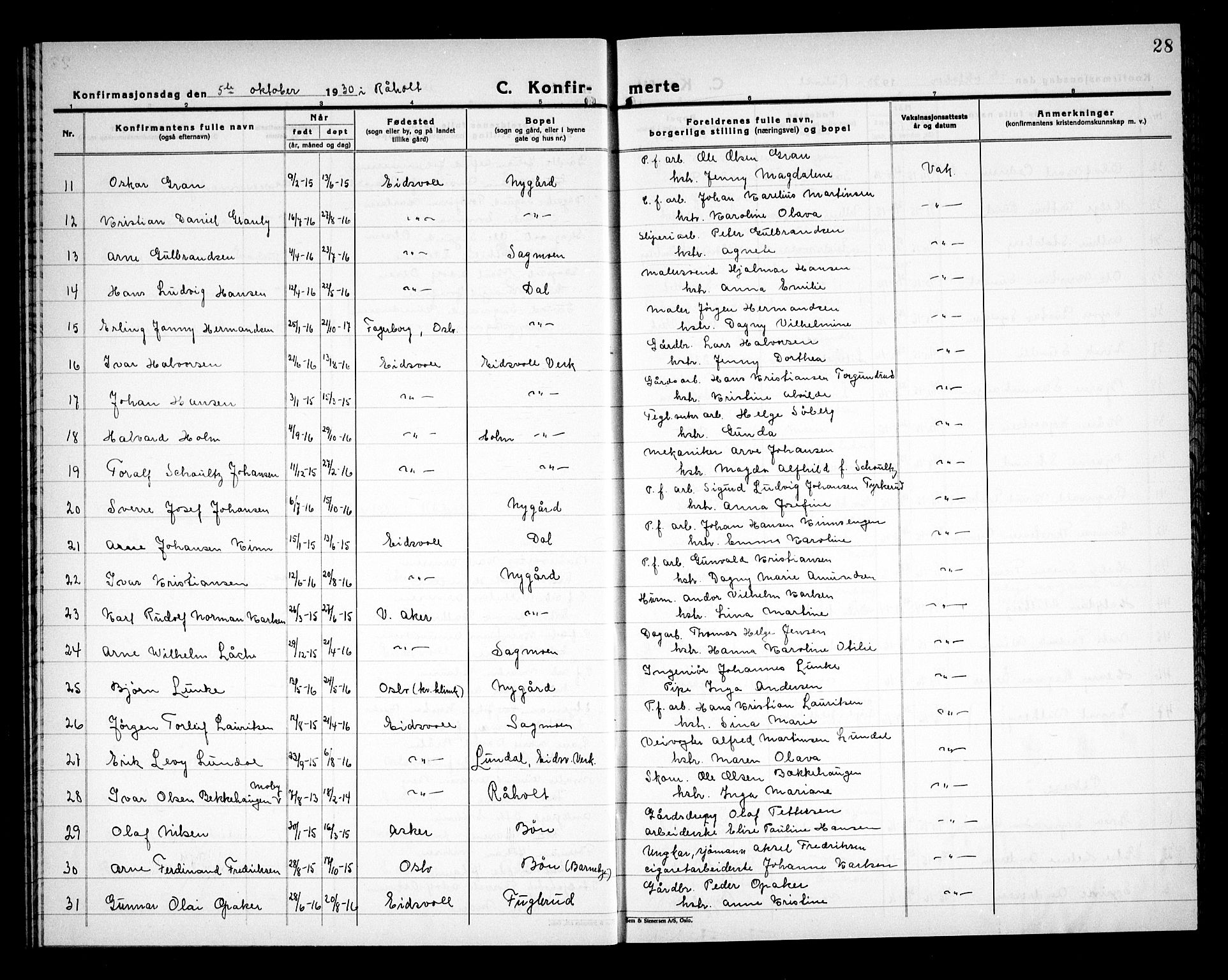 Eidsvoll prestekontor Kirkebøker, AV/SAO-A-10888/G/Ga/L0011: Parish register (copy) no. I 11, 1926-1936, p. 28