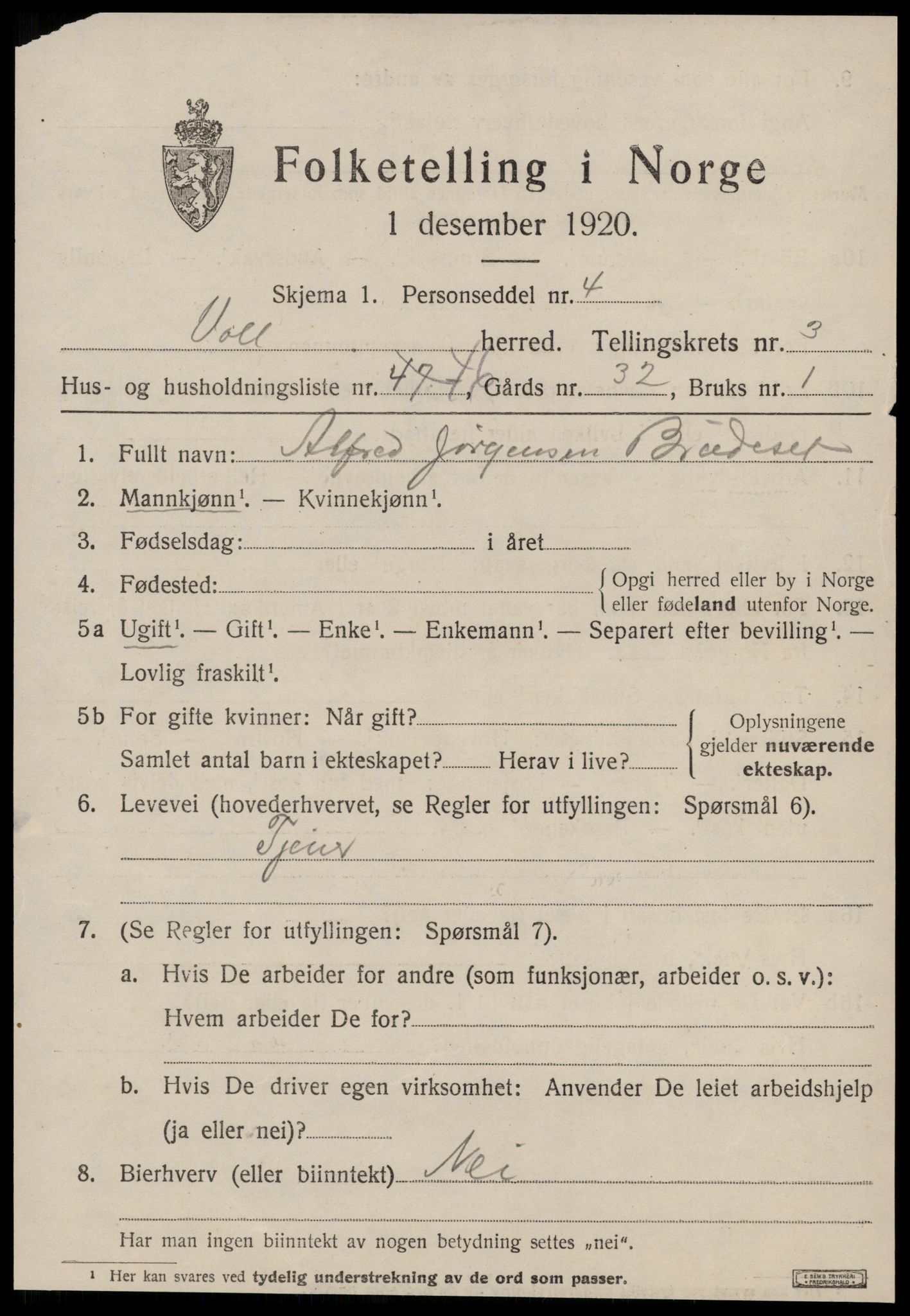 SAT, 1920 census for Voll, 1920, p. 1853