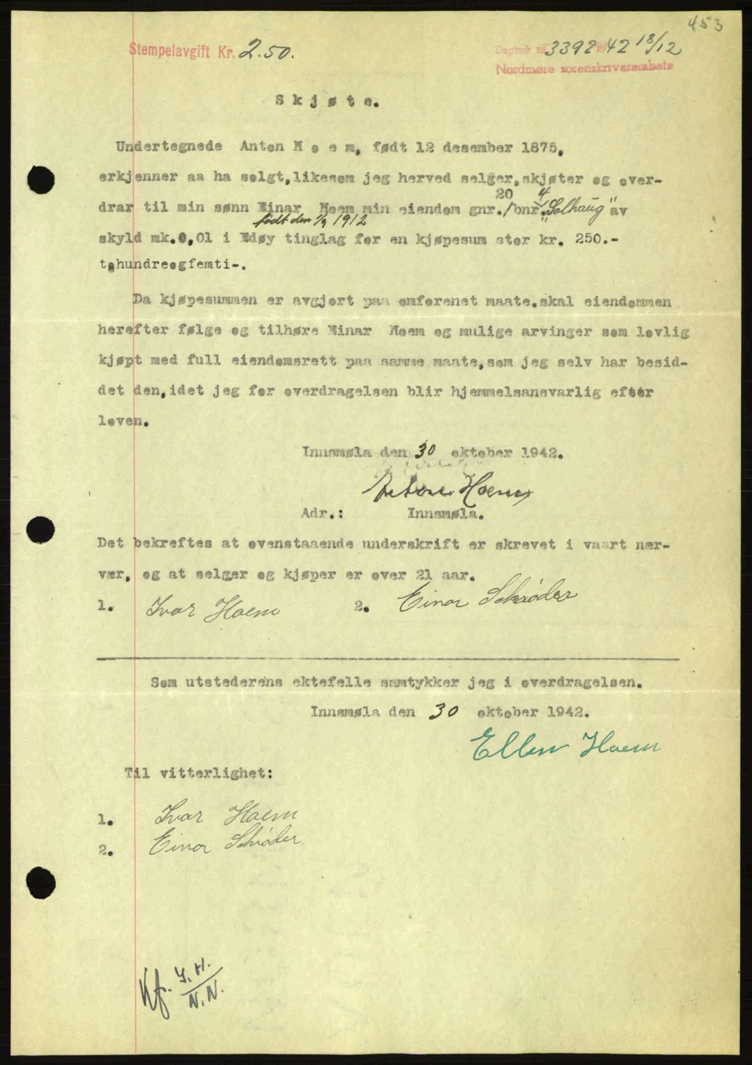 Nordmøre sorenskriveri, AV/SAT-A-4132/1/2/2Ca: Mortgage book no. A94, 1942-1943, Diary no: : 3392/1942