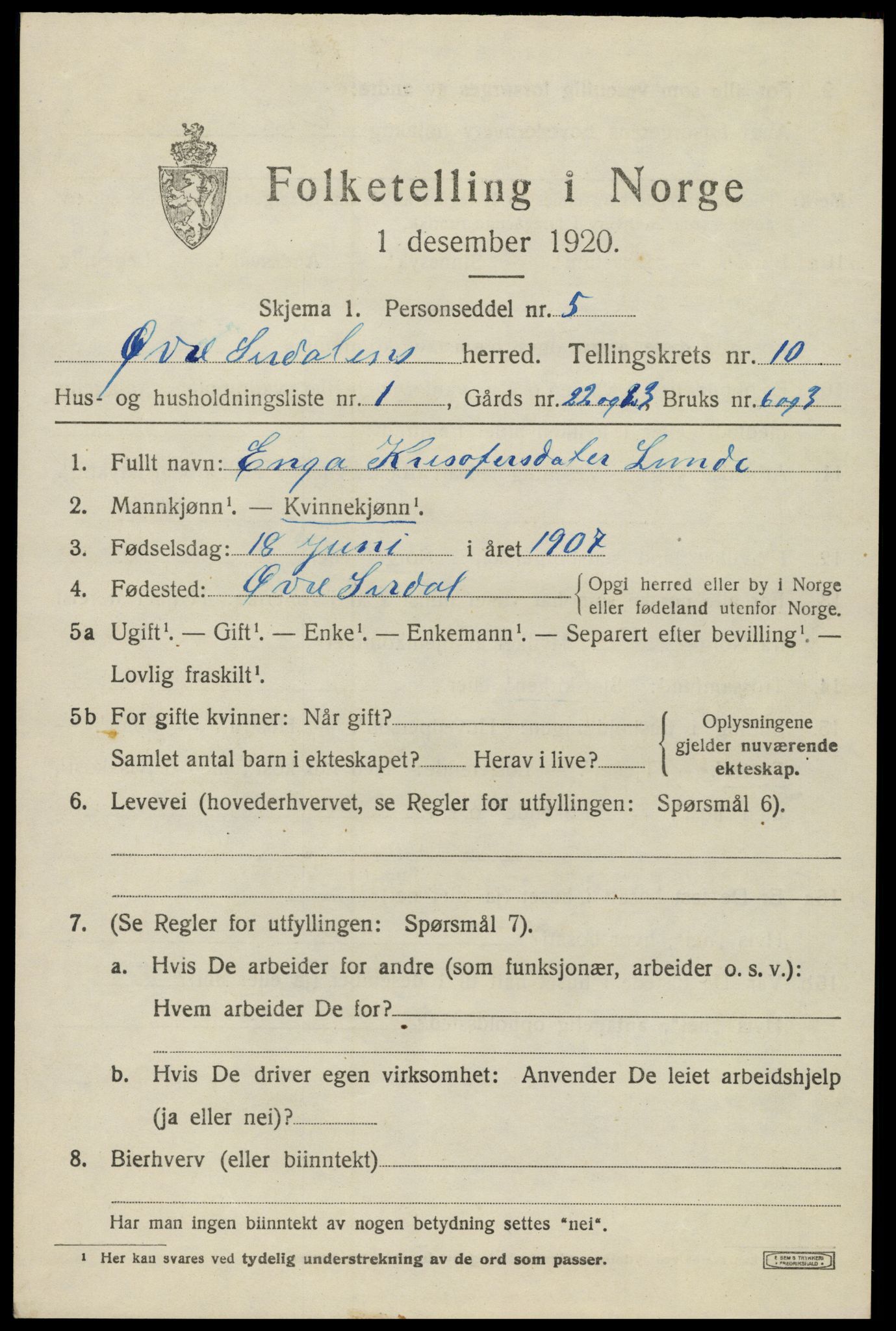 SAK, 1920 census for Øvre Sirdal, 1920, p. 1667