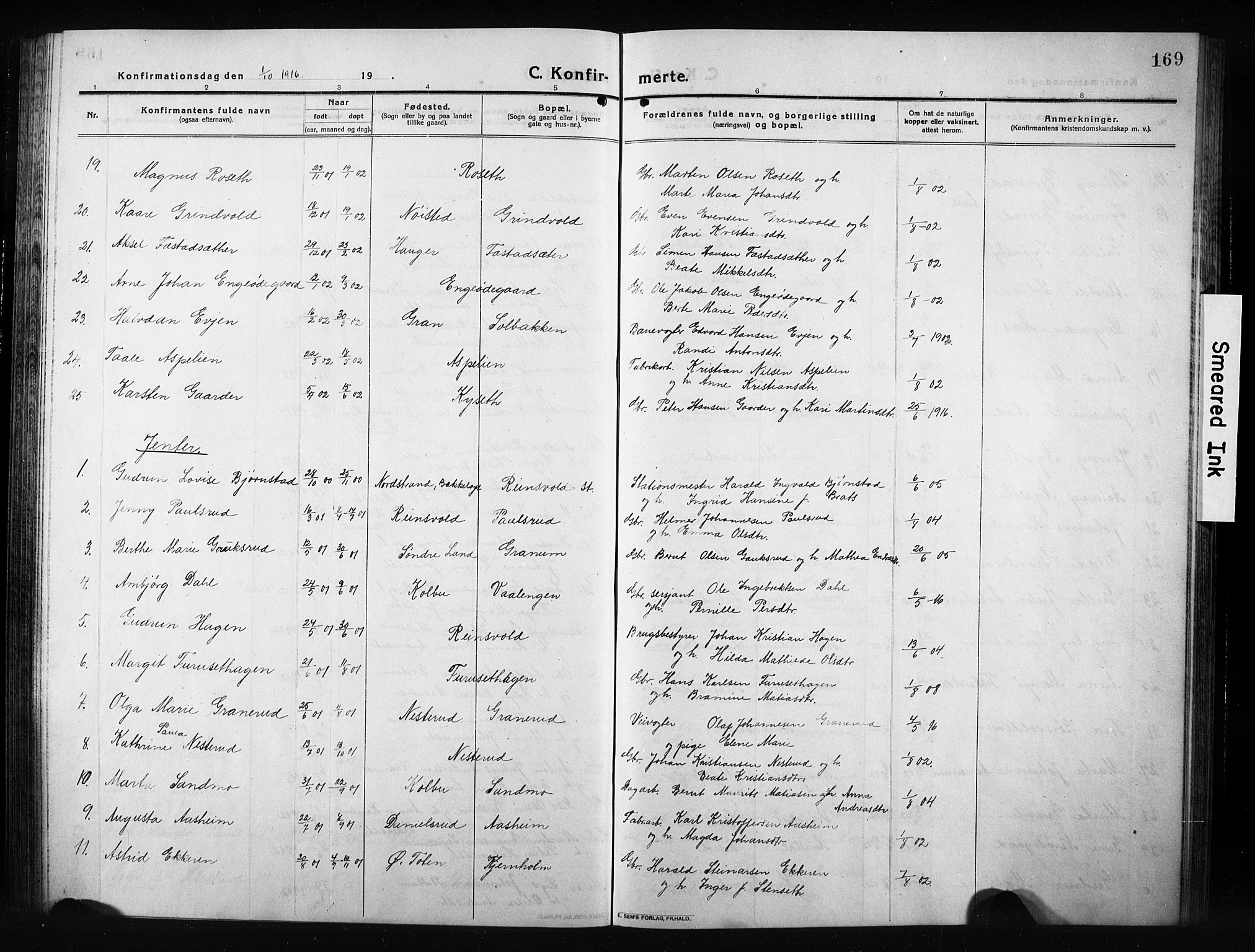 Vestre Toten prestekontor, SAH/PREST-108/H/Ha/Hab/L0012: Parish register (copy) no. 12, 1909-1928, p. 169