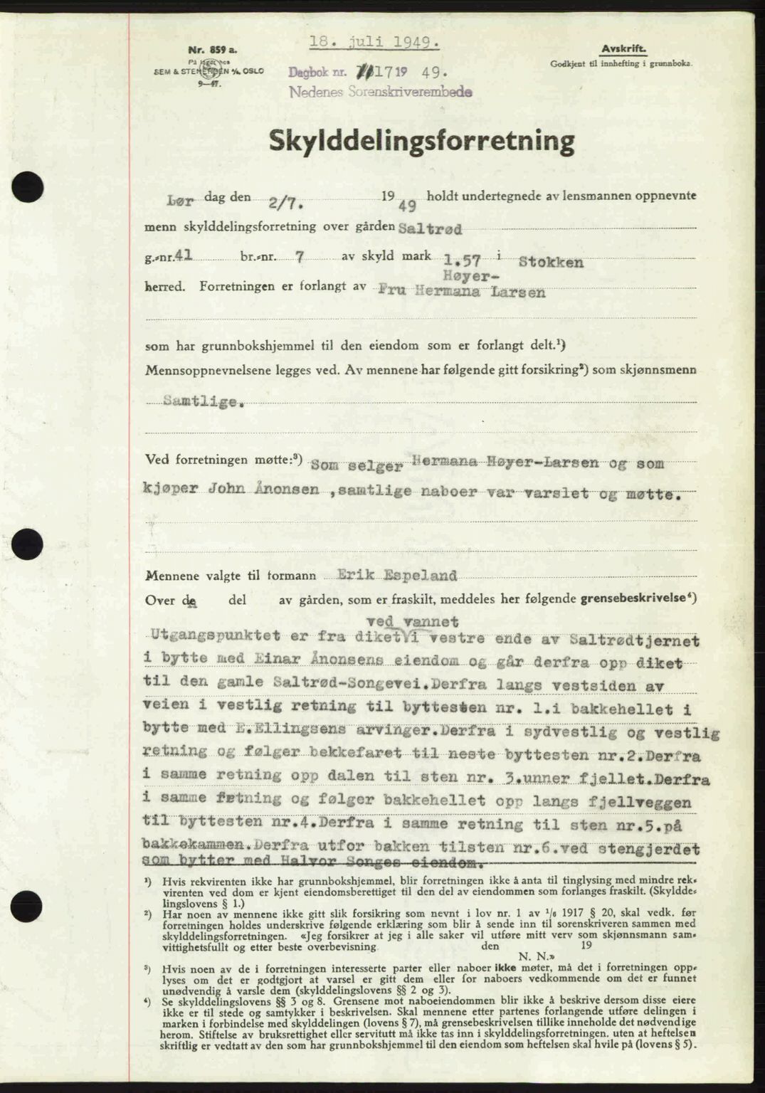 Nedenes sorenskriveri, SAK/1221-0006/G/Gb/Gba/L0061: Mortgage book no. A13, 1949-1949, Diary no: : 1117/1949