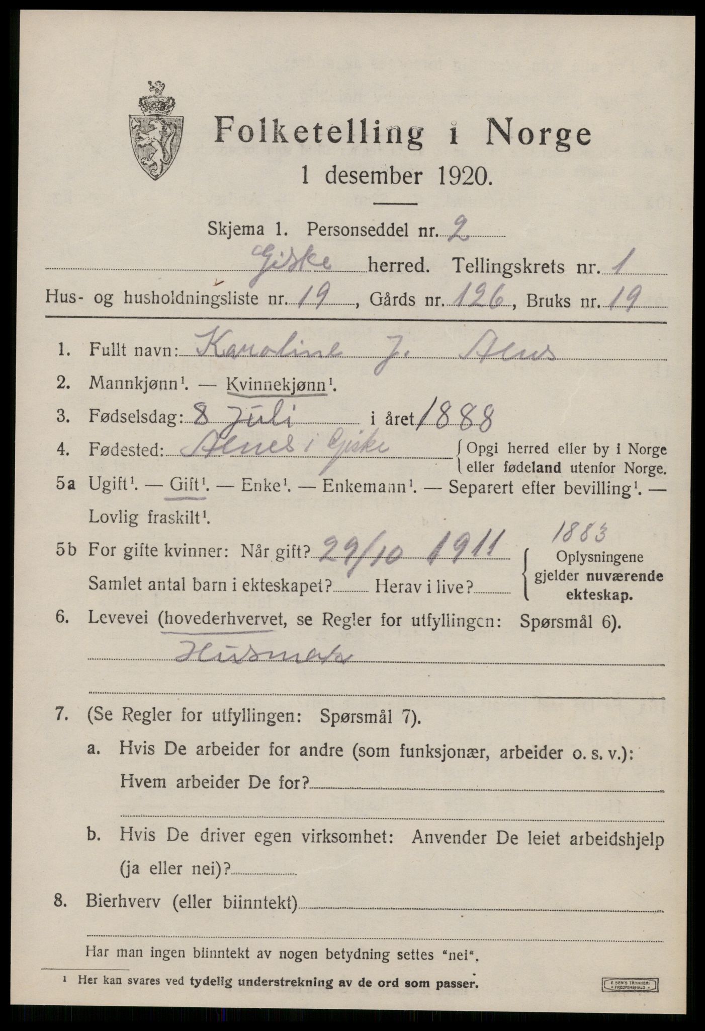 SAT, 1920 census for Giske, 1920, p. 836