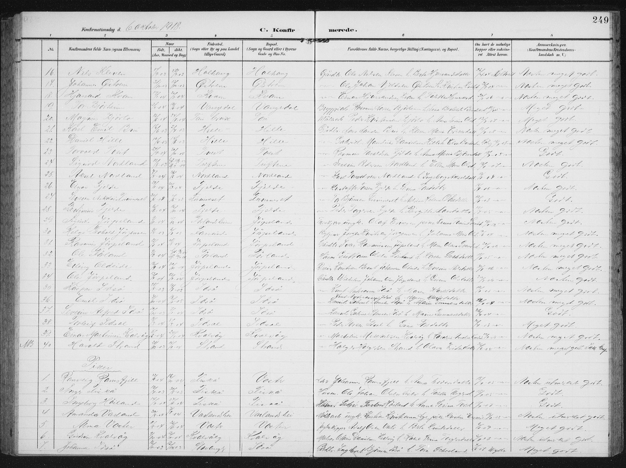 Strand sokneprestkontor, AV/SAST-A-101828/H/Ha/Hab/L0005: Parish register (copy) no. B 5, 1904-1934, p. 249