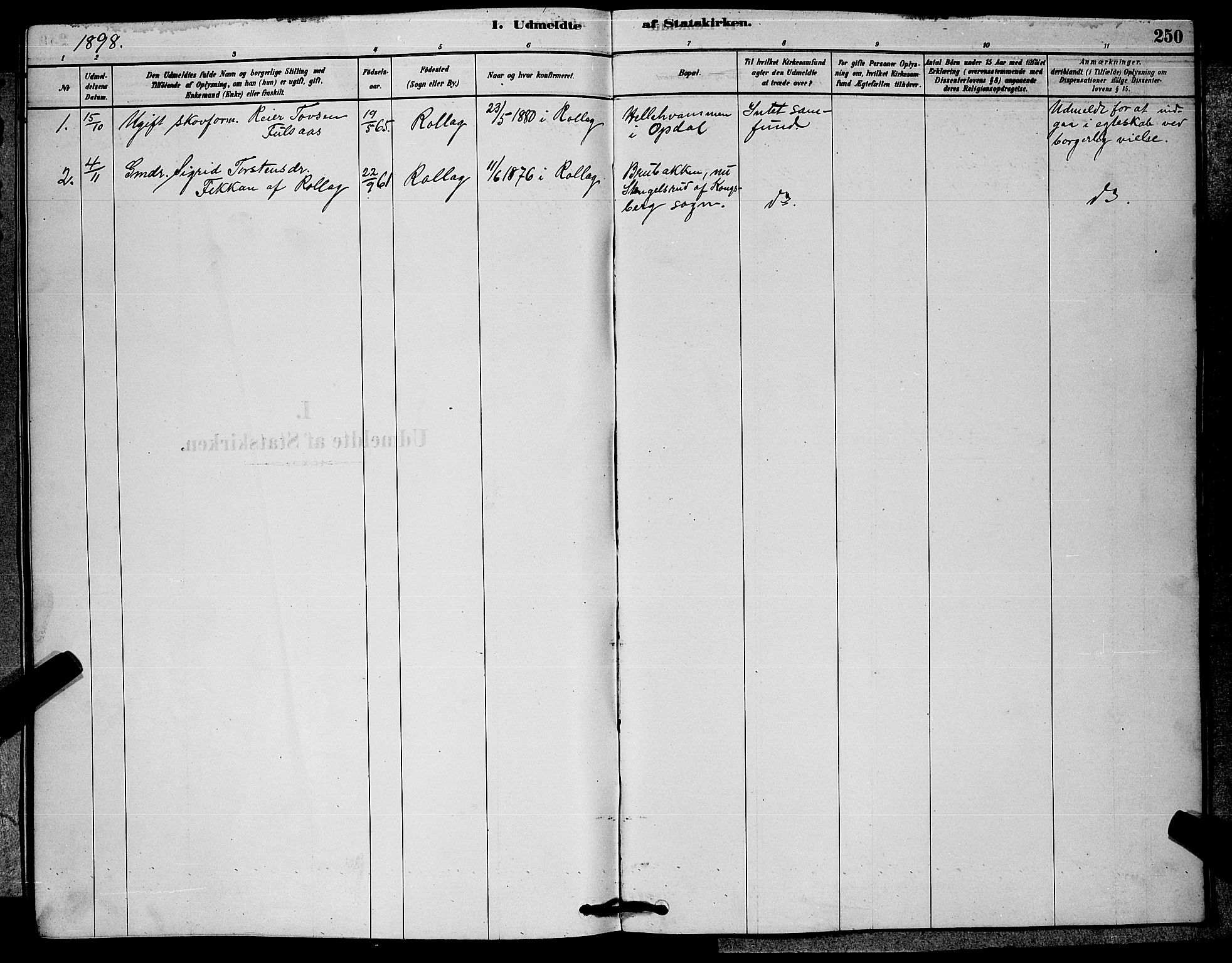 Rollag kirkebøker, SAKO/A-240/G/Ga/L0004: Parish register (copy) no. I 4, 1878-1903, p. 250