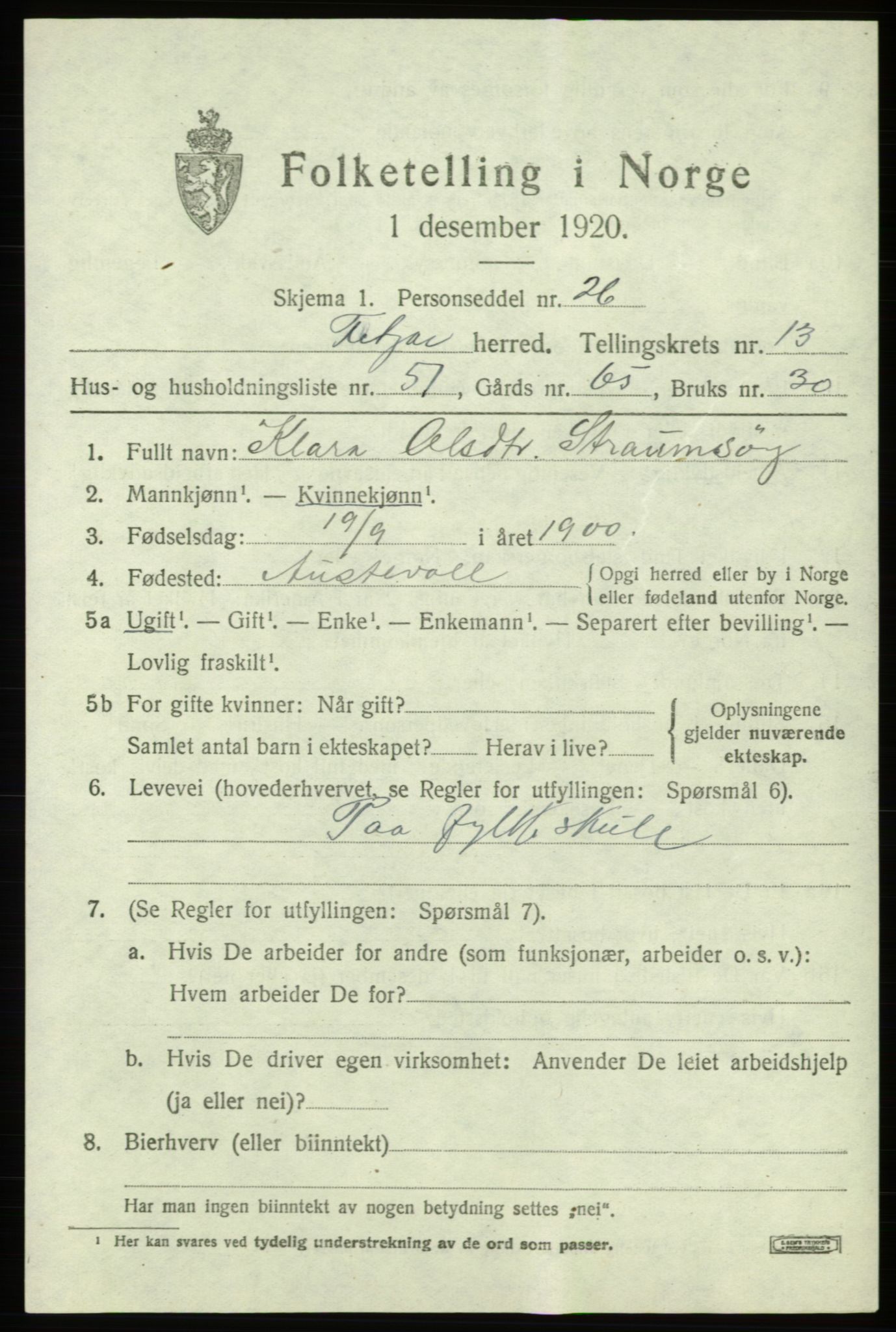 SAB, 1920 census for Fitjar, 1920, p. 5704