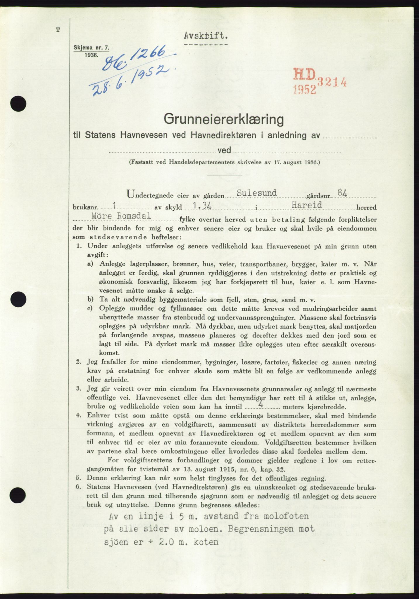 Søre Sunnmøre sorenskriveri, AV/SAT-A-4122/1/2/2C/L0092: Mortgage book no. 18A, 1952-1952, Diary no: : 1266/1952