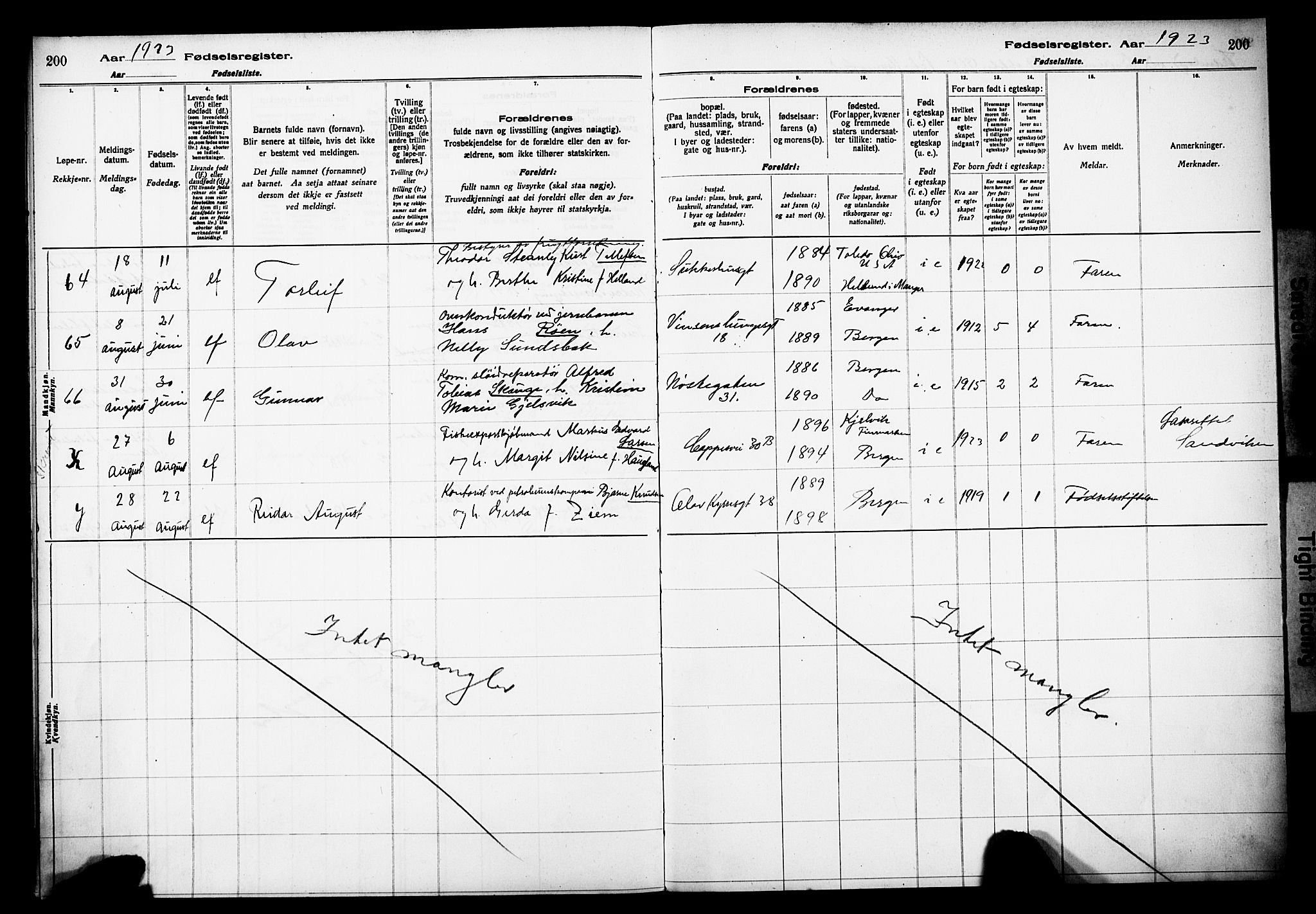 Domkirken sokneprestembete, AV/SAB-A-74801/I/Id/L00A1: Birth register no. A 1, 1916-1923, p. 200