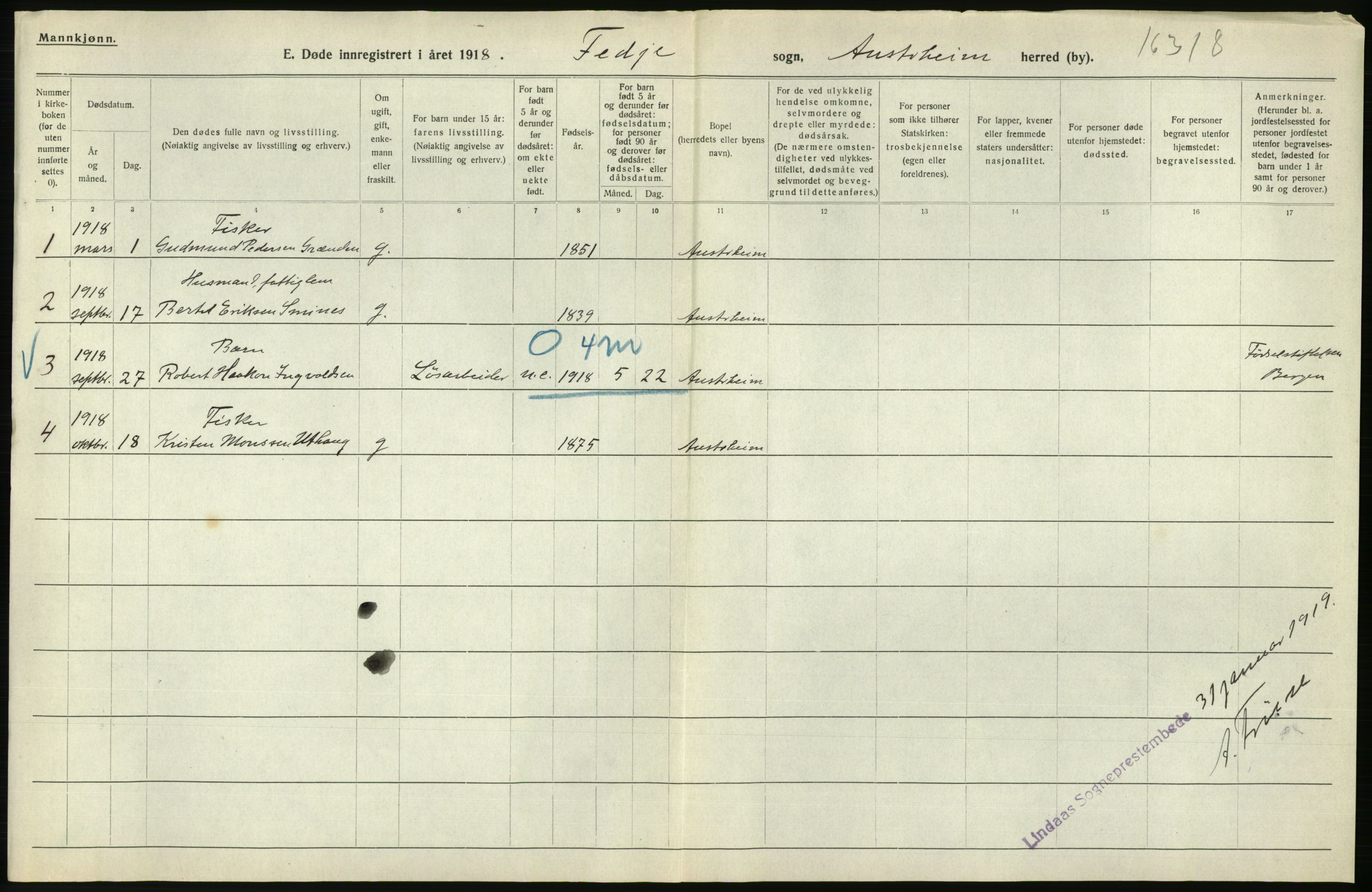 Statistisk sentralbyrå, Sosiodemografiske emner, Befolkning, AV/RA-S-2228/D/Df/Dfb/Dfbh/L0036: Hordaland fylke: Døde., 1918, p. 292