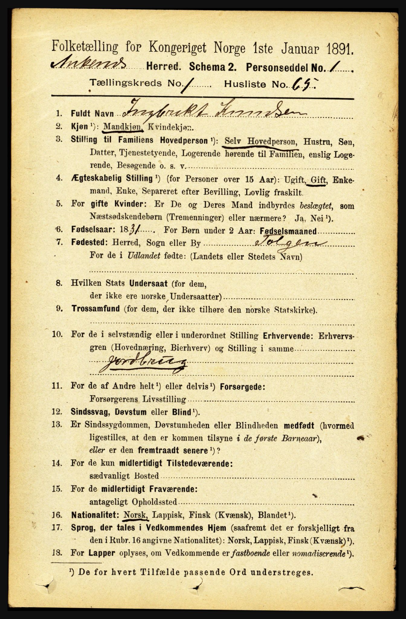 RA, 1891 census for 1855 Ankenes, 1891, p. 547