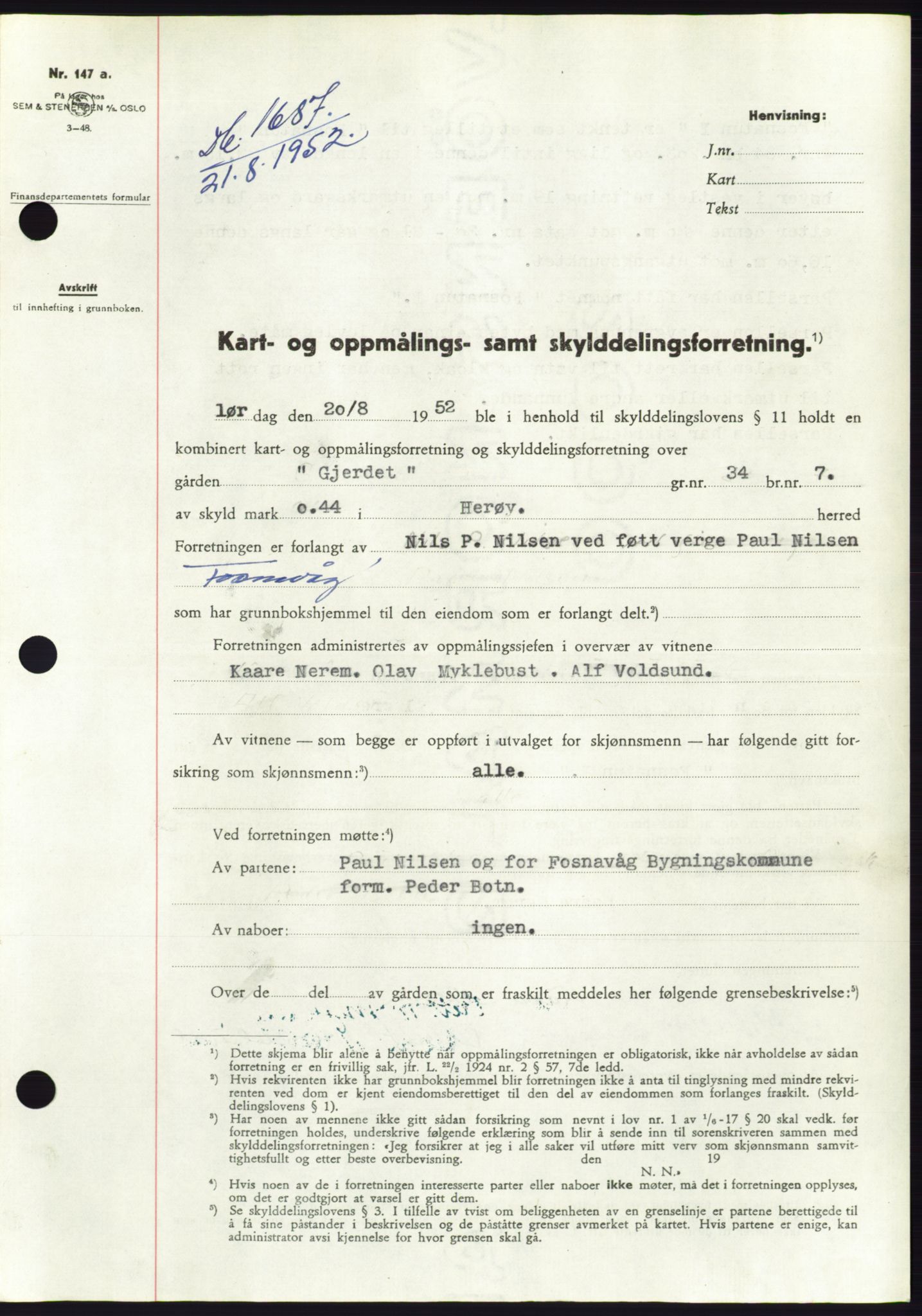 Søre Sunnmøre sorenskriveri, AV/SAT-A-4122/1/2/2C/L0092: Mortgage book no. 18A, 1952-1952, Diary no: : 1687/1952