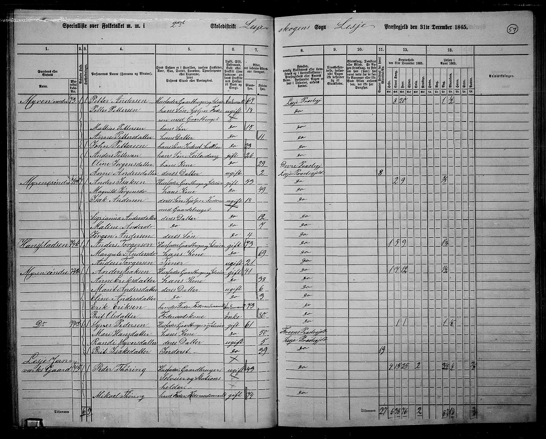 RA, 1865 census for Lesja, 1865, p. 52