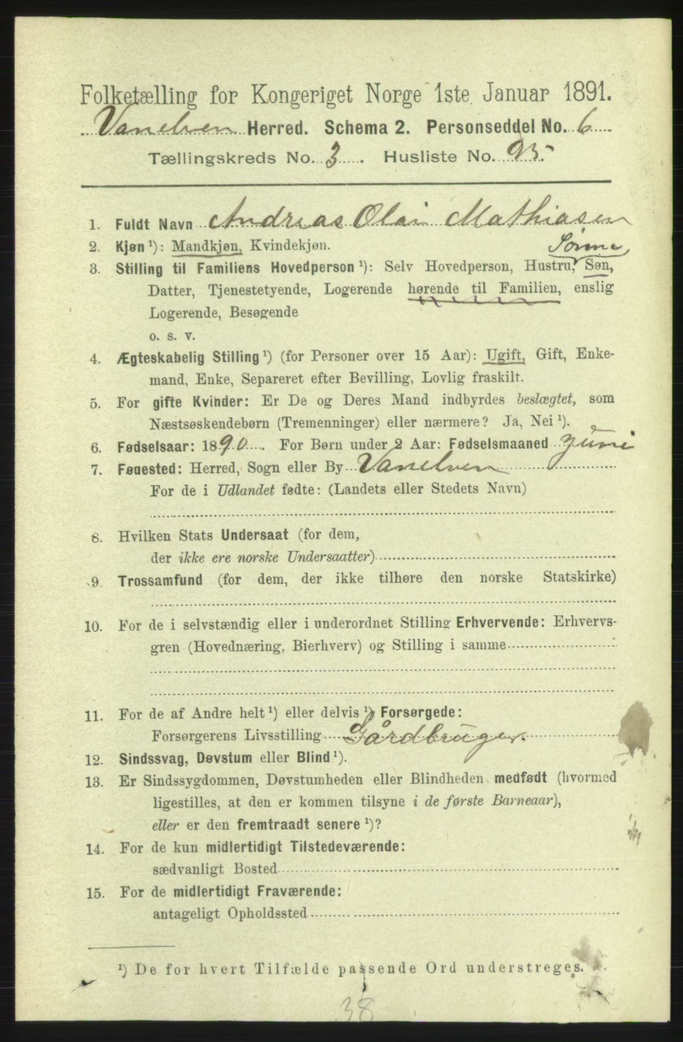 RA, 1891 census for 1511 Vanylven, 1891, p. 1754