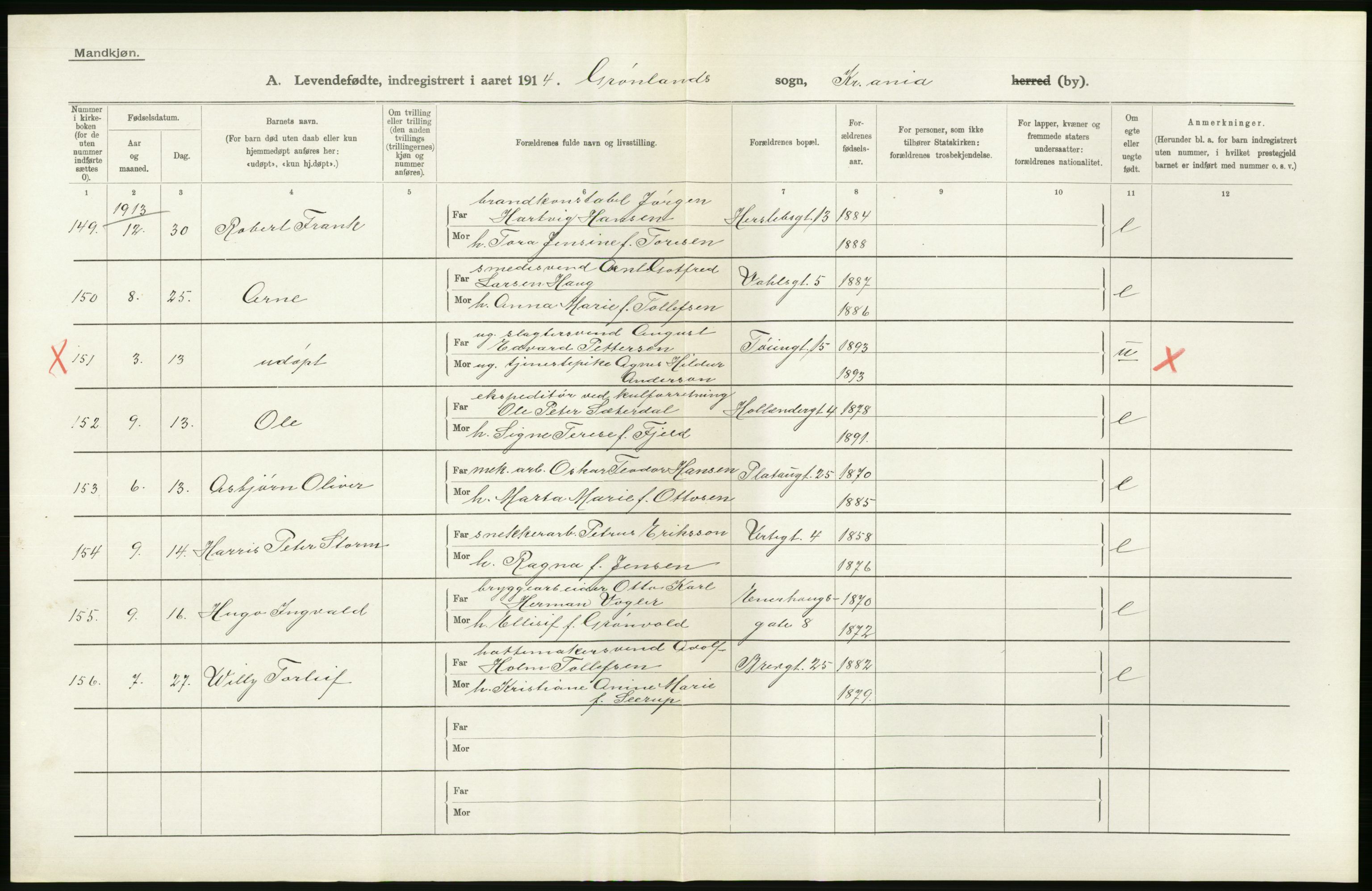 Statistisk sentralbyrå, Sosiodemografiske emner, Befolkning, AV/RA-S-2228/D/Df/Dfb/Dfbd/L0005: Kristiania: Levendefødte menn og kvinner., 1914, p. 606