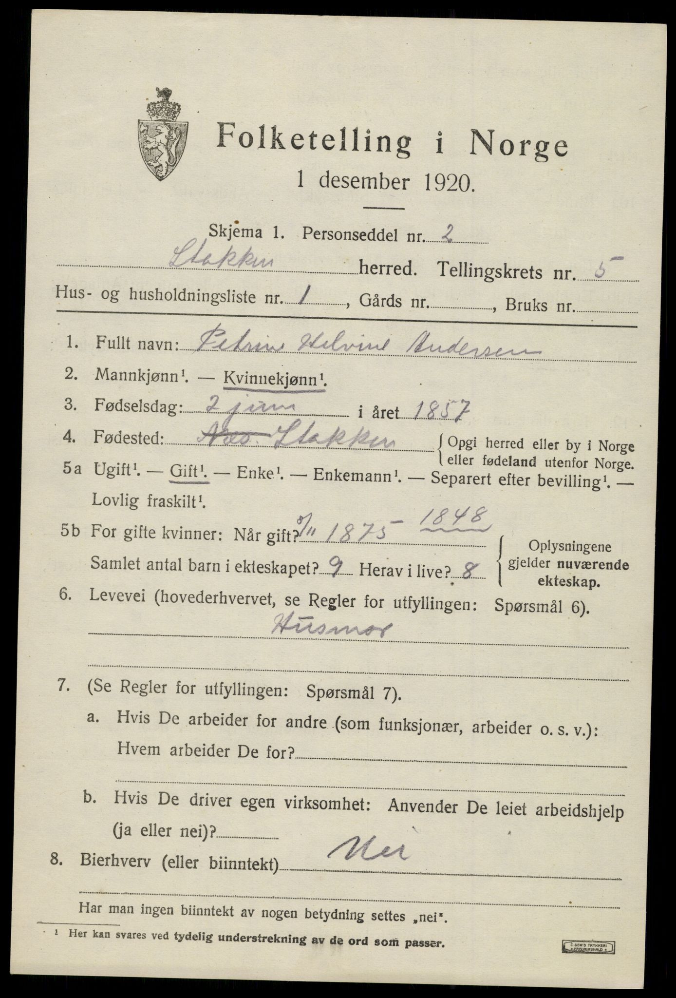 SAK, 1920 census for Stokken, 1920, p. 3292