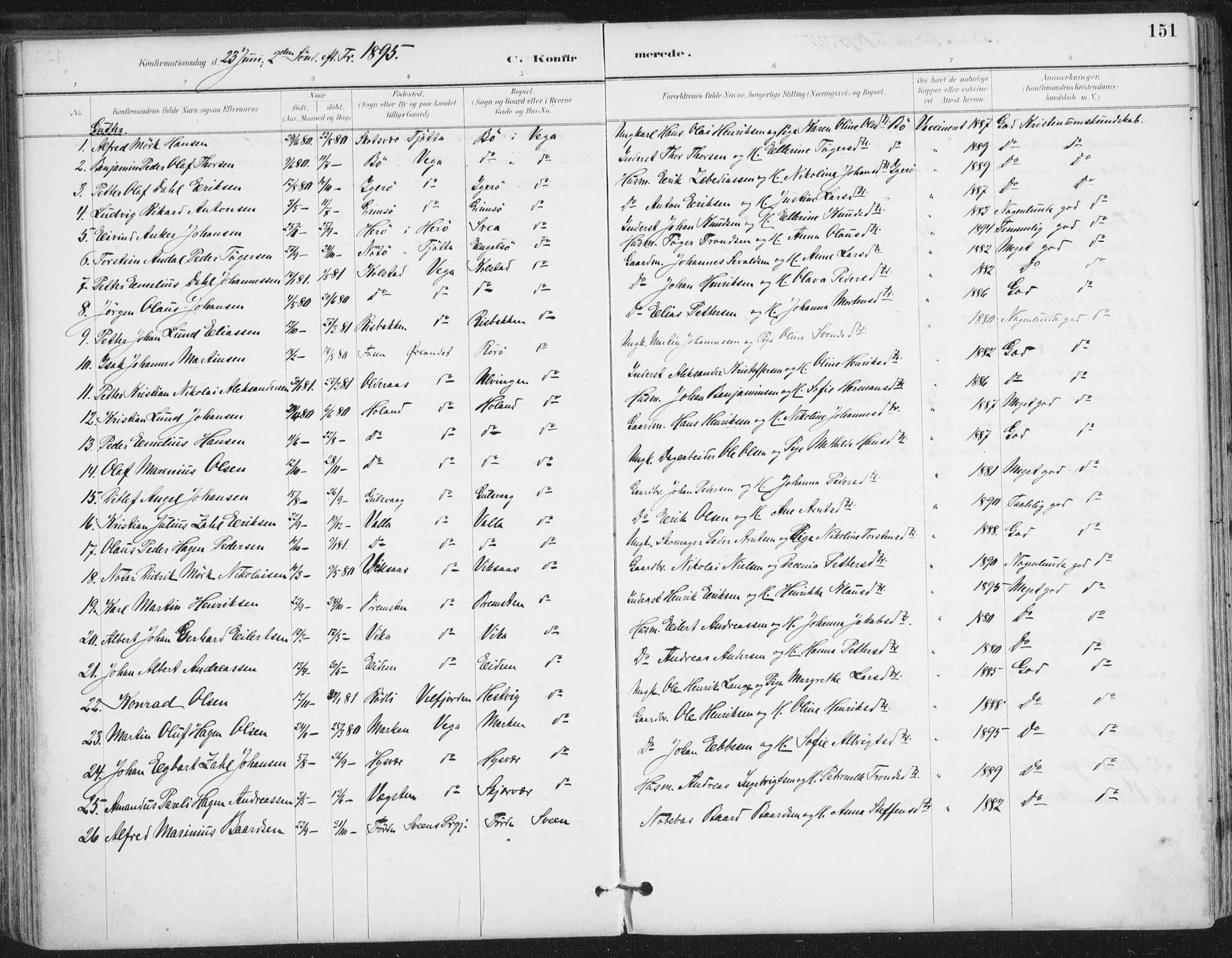 Ministerialprotokoller, klokkerbøker og fødselsregistre - Nordland, AV/SAT-A-1459/816/L0244: Parish register (official) no. 816A10, 1886-1903, p. 151