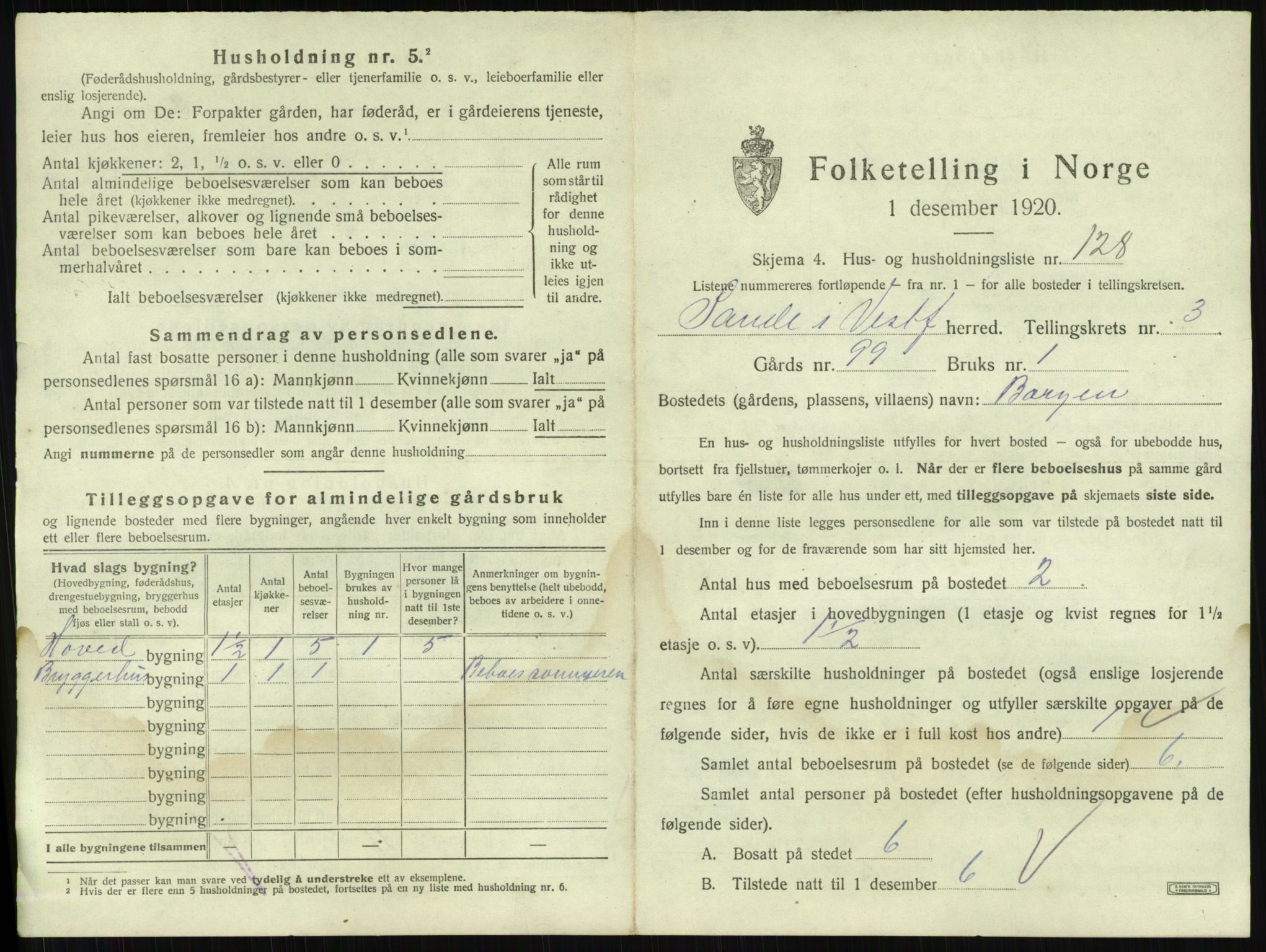 SAKO, 1920 census for Sande, 1920, p. 749