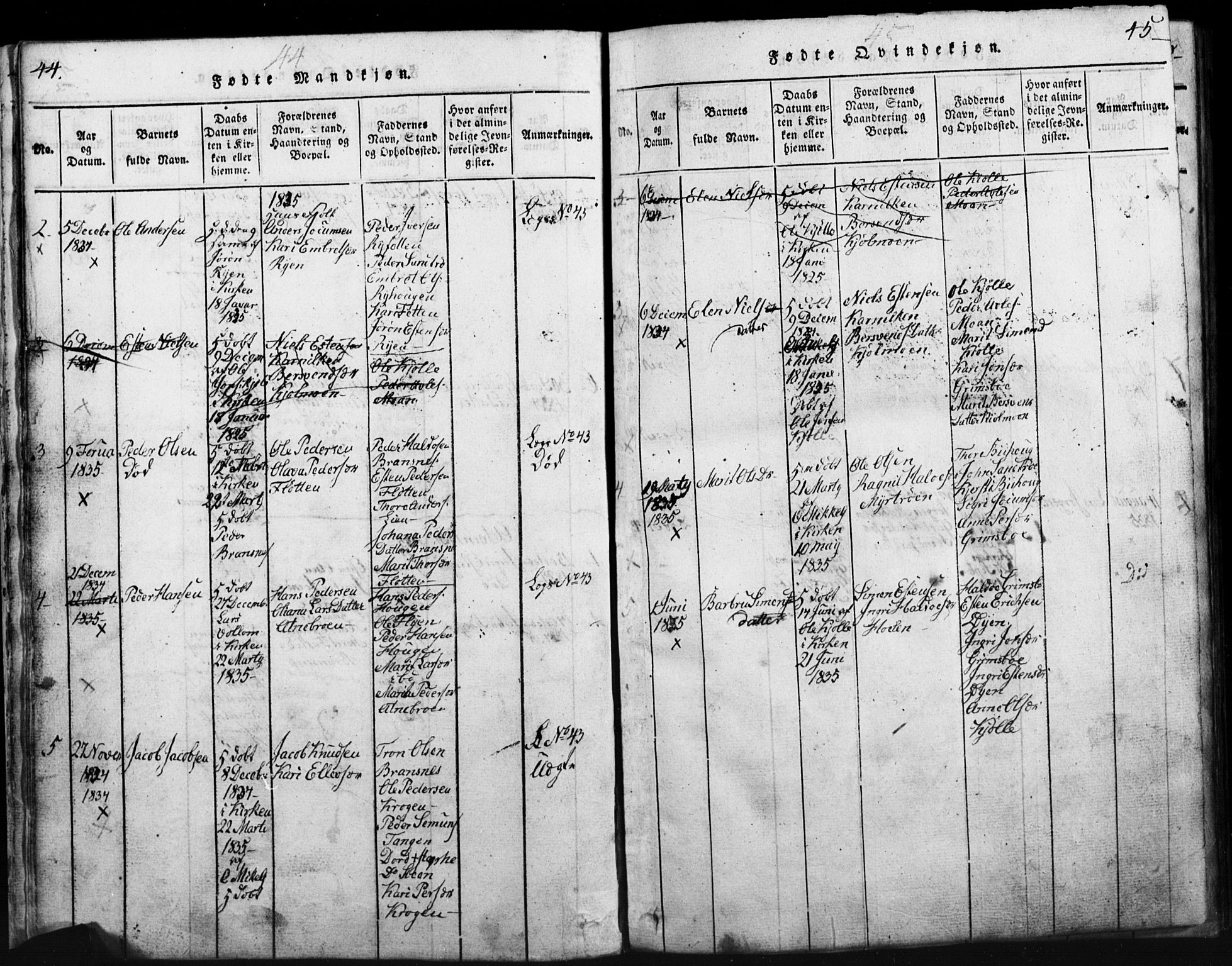 Tynset prestekontor, SAH/PREST-058/H/Ha/Hab/L0003: Parish register (copy) no. 3, 1814-1862, p. 44-45