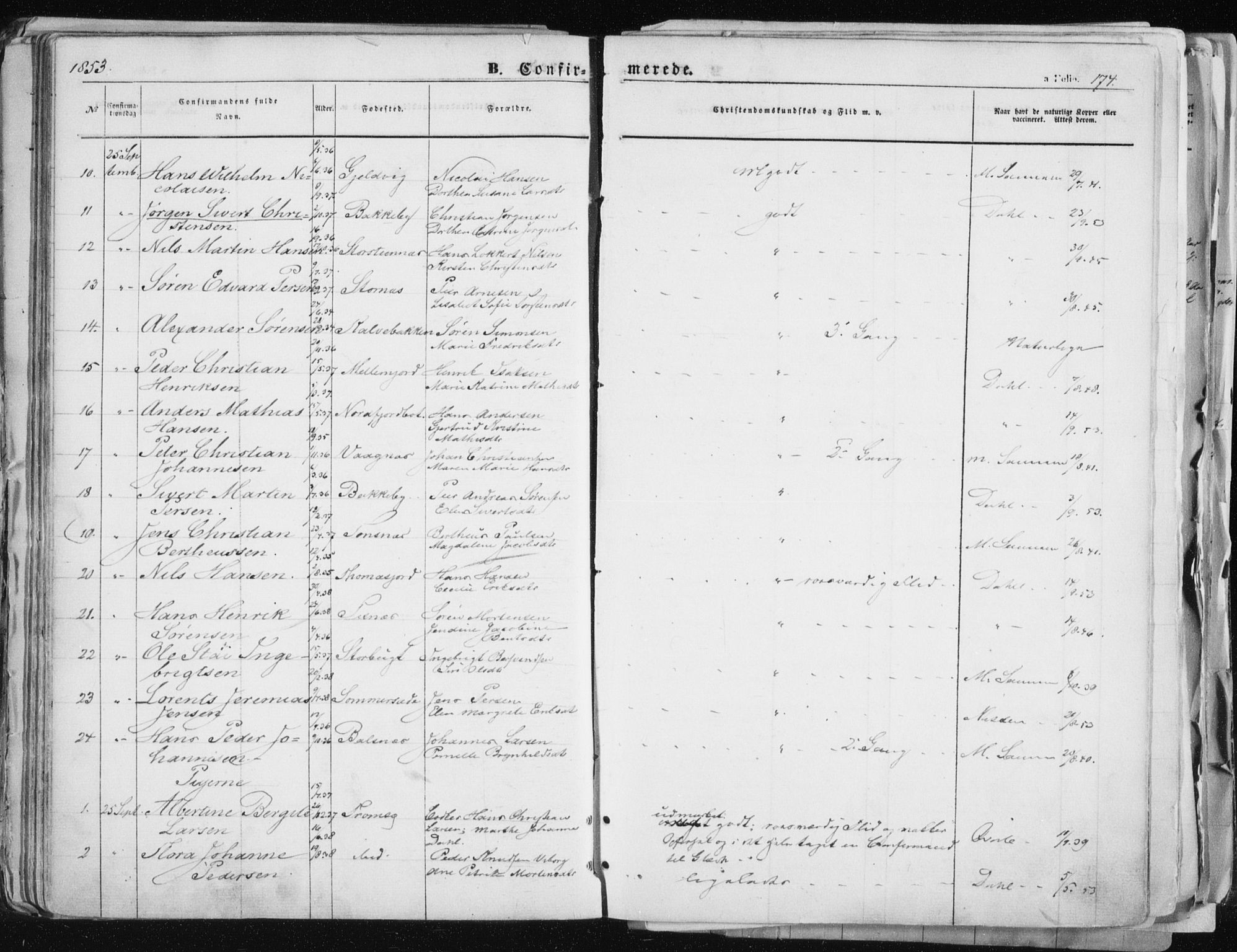 Tromsø sokneprestkontor/stiftsprosti/domprosti, SATØ/S-1343/G/Ga/L0010kirke: Parish register (official) no. 10, 1848-1855, p. 174