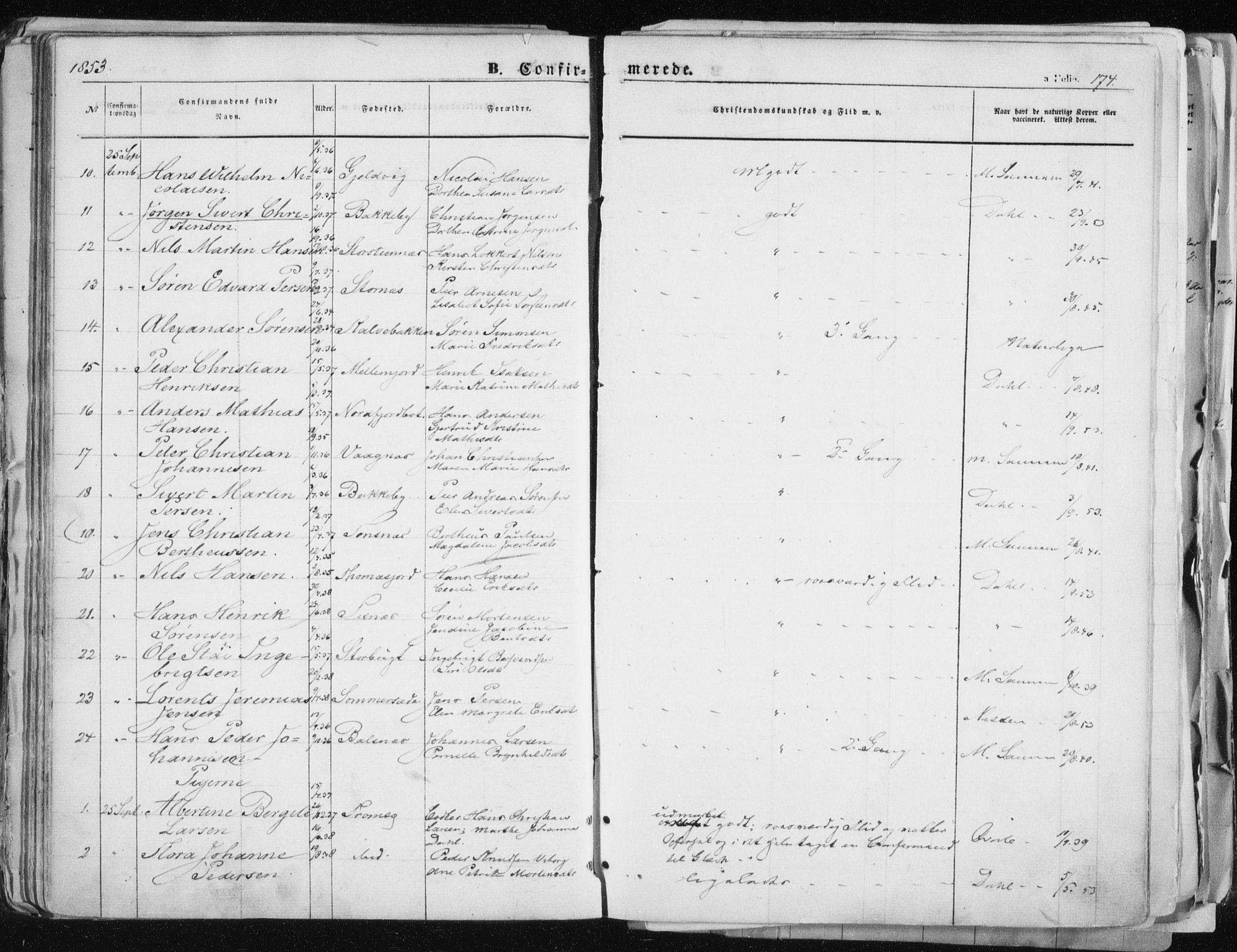 Tromsø sokneprestkontor/stiftsprosti/domprosti, AV/SATØ-S-1343/G/Ga/L0010kirke: Parish register (official) no. 10, 1848-1855, p. 174