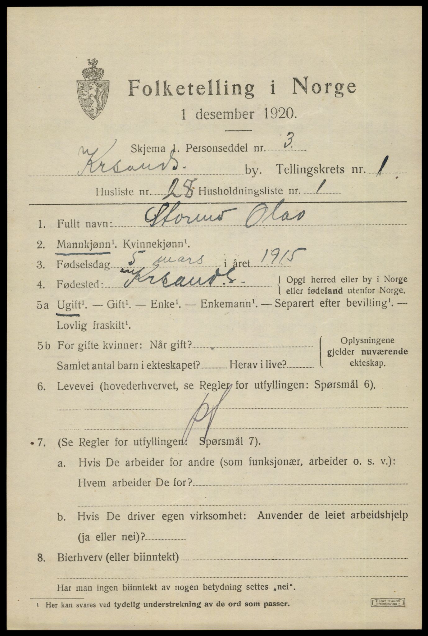 SAK, 1920 census for Kristiansand, 1920, p. 14371