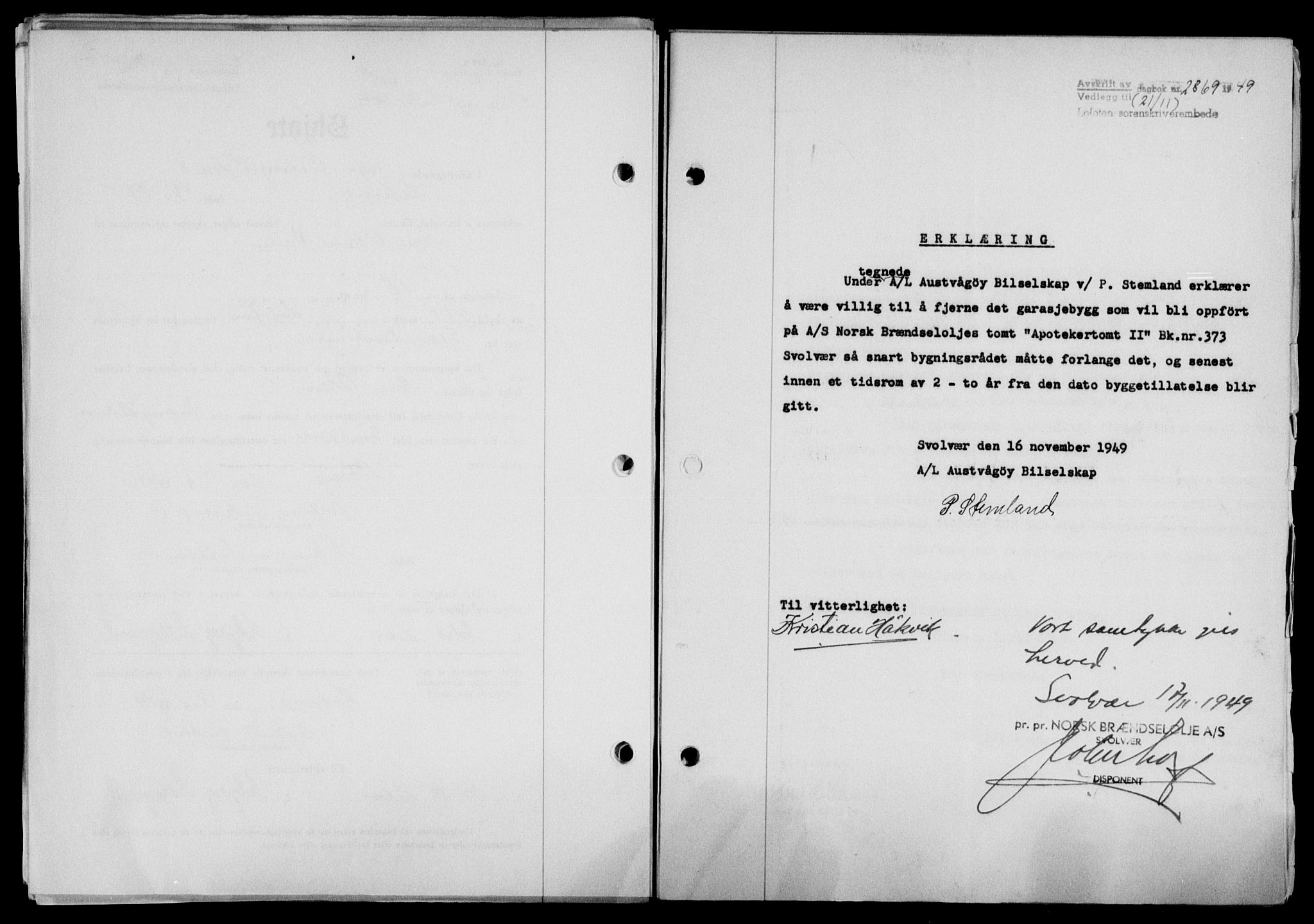 Lofoten sorenskriveri, SAT/A-0017/1/2/2C/L0022a: Mortgage book no. 22a, 1949-1950, Diary no: : 2869/1949