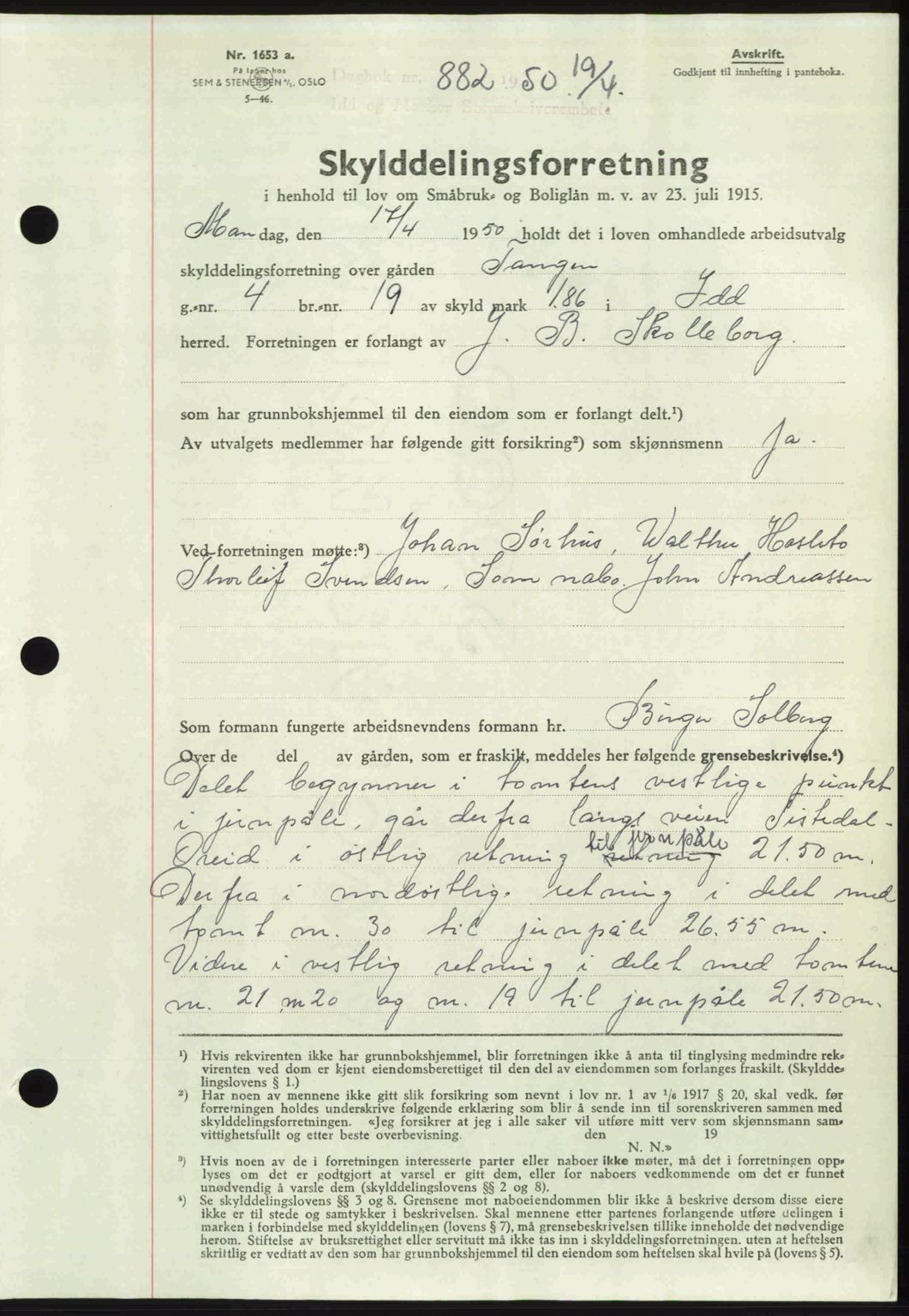 Idd og Marker sorenskriveri, AV/SAO-A-10283/G/Gb/Gbb/L0014: Mortgage book no. A14, 1950-1950, Diary no: : 882/1950