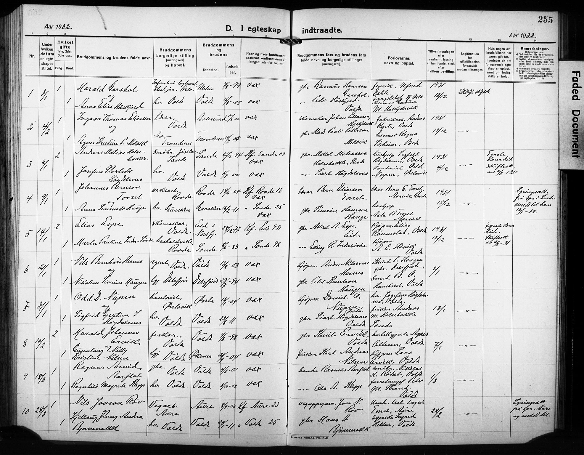 Ministerialprotokoller, klokkerbøker og fødselsregistre - Møre og Romsdal, AV/SAT-A-1454/511/L0160: Parish register (copy) no. 511C06, 1920-1932, p. 255