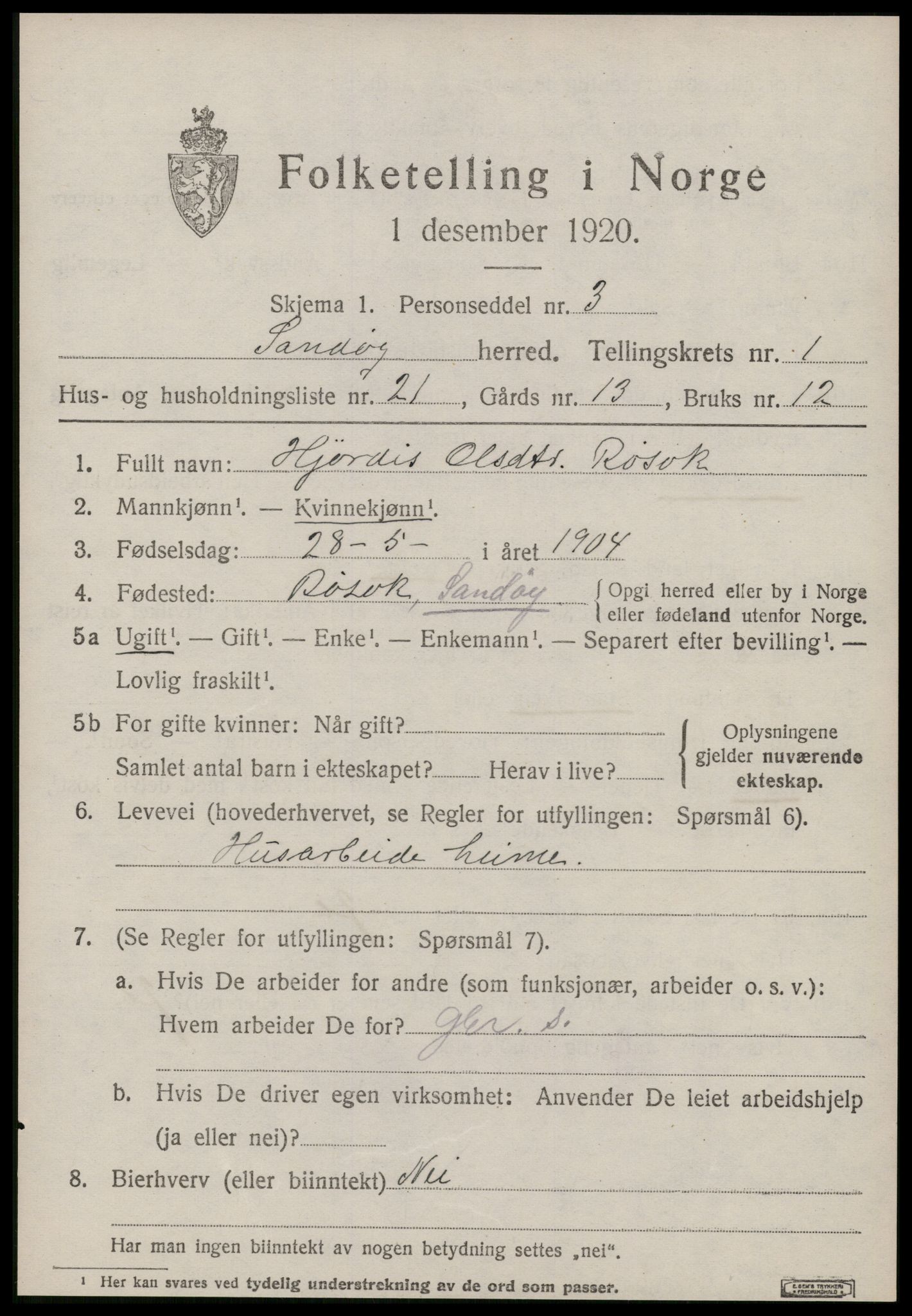 SAT, 1920 census for Sandøy, 1920, p. 626