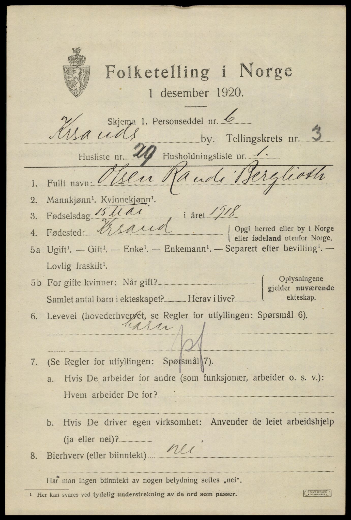 SAK, 1920 census for Kristiansand, 1920, p. 14385