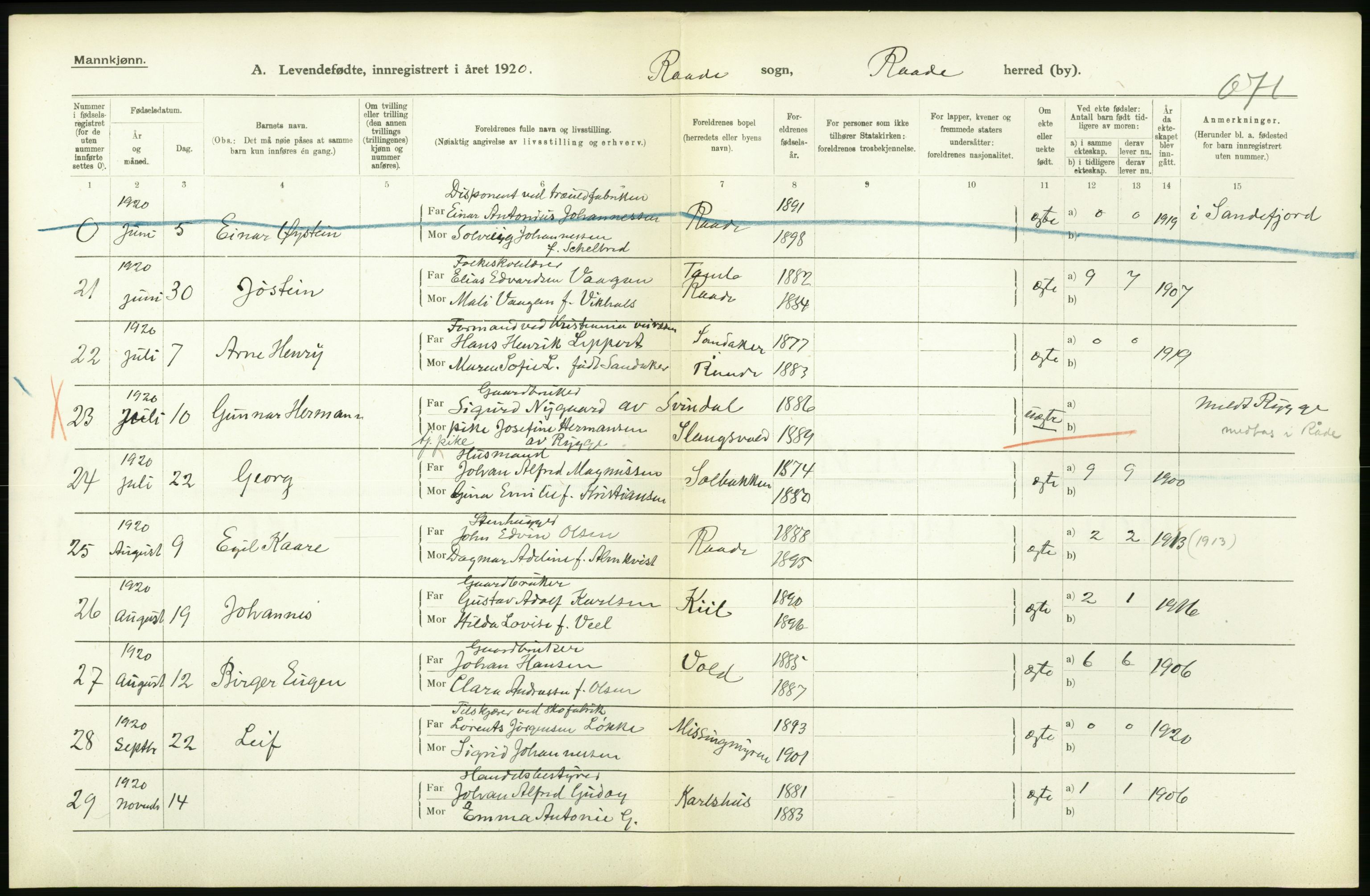 Statistisk sentralbyrå, Sosiodemografiske emner, Befolkning, RA/S-2228/D/Df/Dfb/Dfbj/L0001: Østfold fylke: Levendefødte menn og kvinner. Bygder., 1920, p. 50