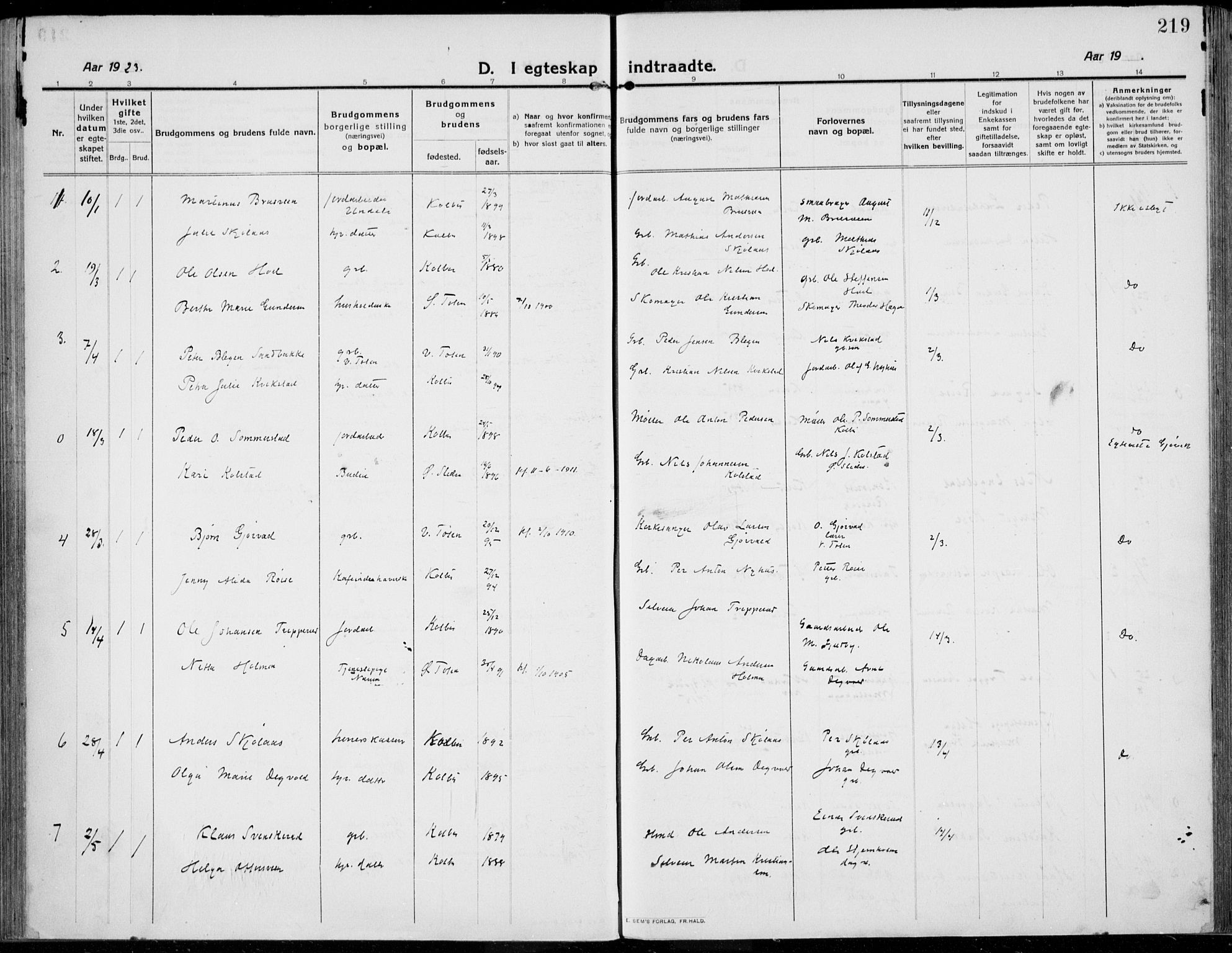 Kolbu prestekontor, SAH/PREST-110/H/Ha/Haa/L0002: Parish register (official) no. 2, 1912-1926, p. 219