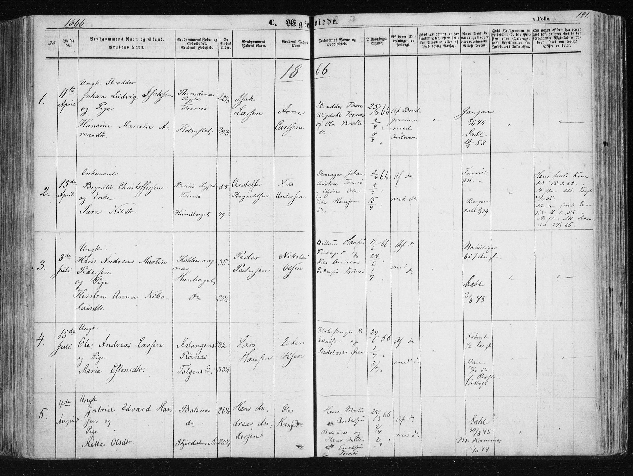 Tromsøysund sokneprestkontor, AV/SATØ-S-1304/G/Ga/L0001kirke: Parish register (official) no. 1, 1856-1867, p. 191