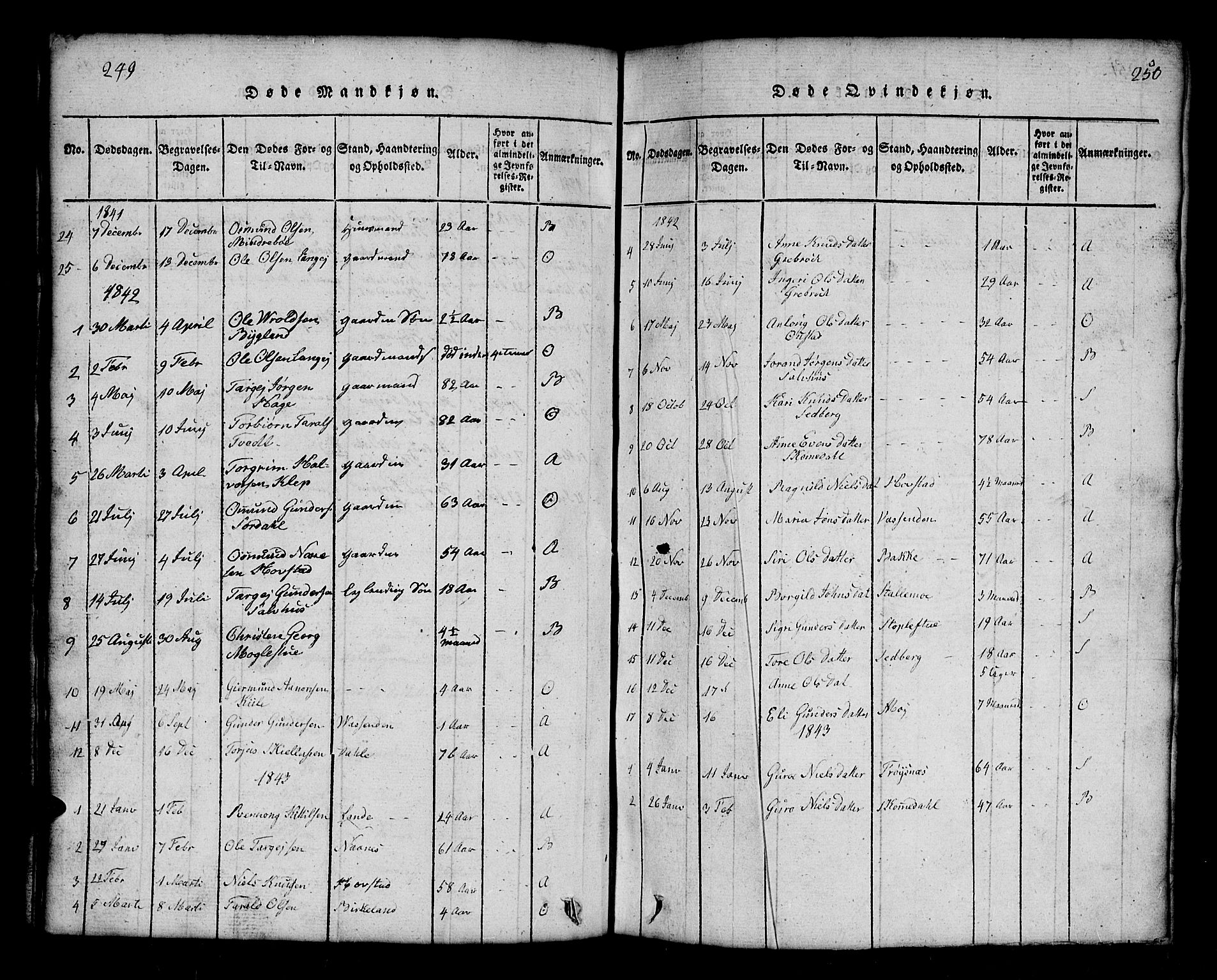 Bygland sokneprestkontor, SAK/1111-0006/F/Fb/Fbb/L0001: Parish register (copy) no. B 1, 1816-1843, p. 250-251