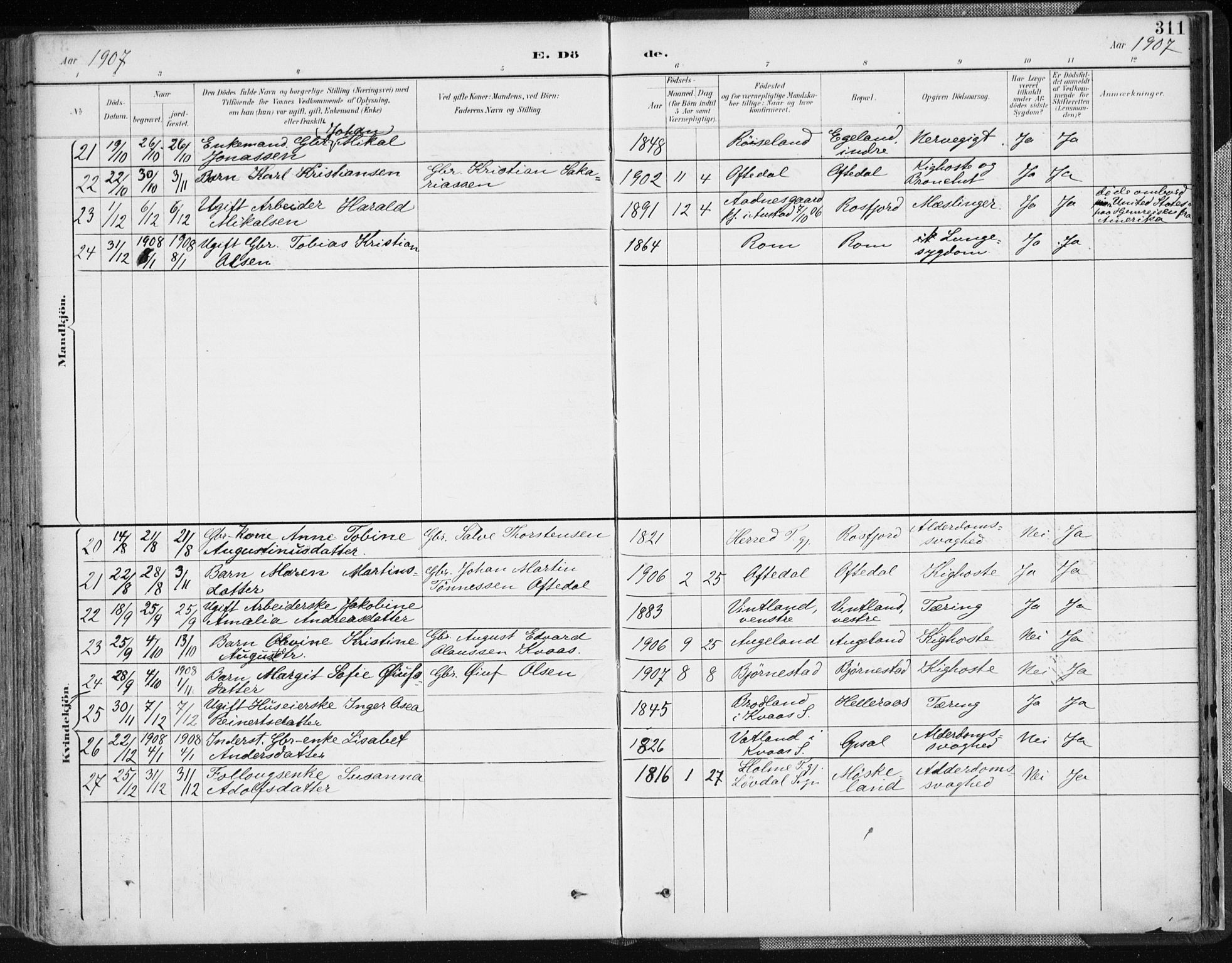 Lyngdal sokneprestkontor, SAK/1111-0029/F/Fa/Fac/L0012: Parish register (official) no. A 12, 1894-1918, p. 311