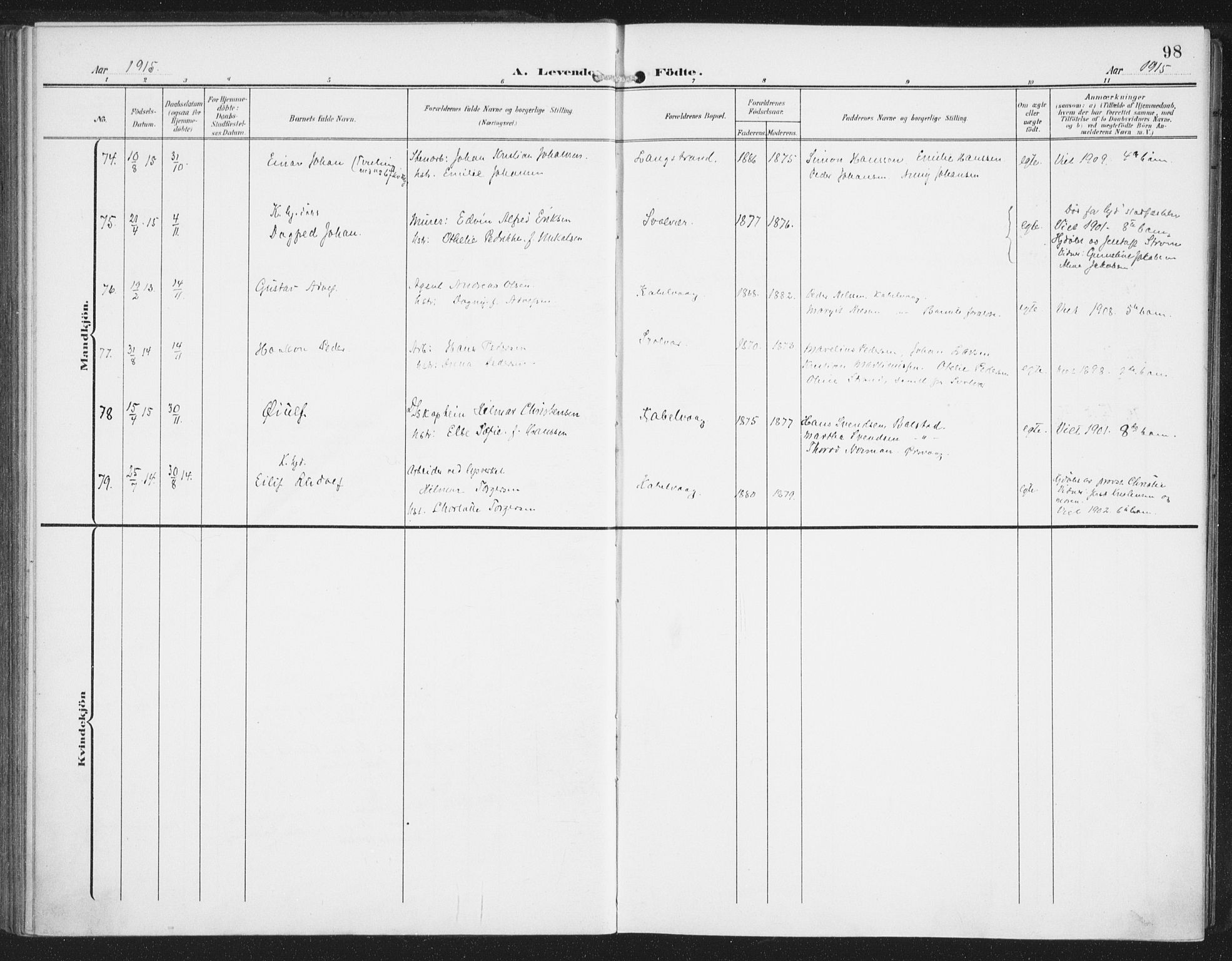 Ministerialprotokoller, klokkerbøker og fødselsregistre - Nordland, AV/SAT-A-1459/874/L1063: Parish register (official) no. 874A07, 1907-1915, p. 98