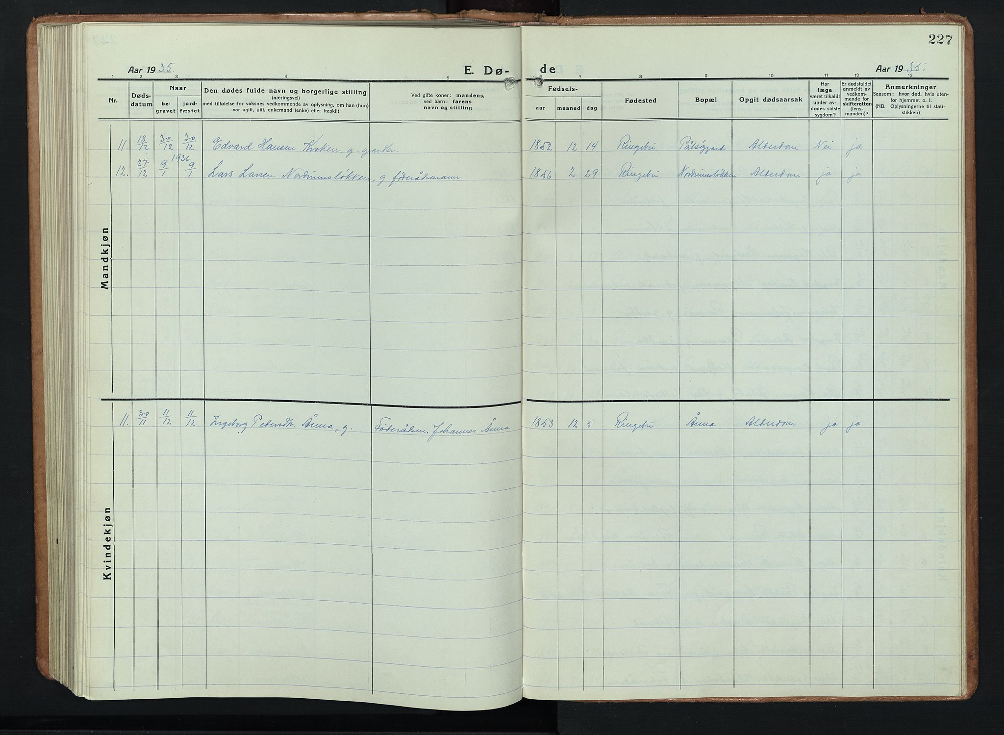 Ringebu prestekontor, SAH/PREST-082/H/Ha/Hab/L0011: Parish register (copy) no. 11, 1921-1943, p. 227