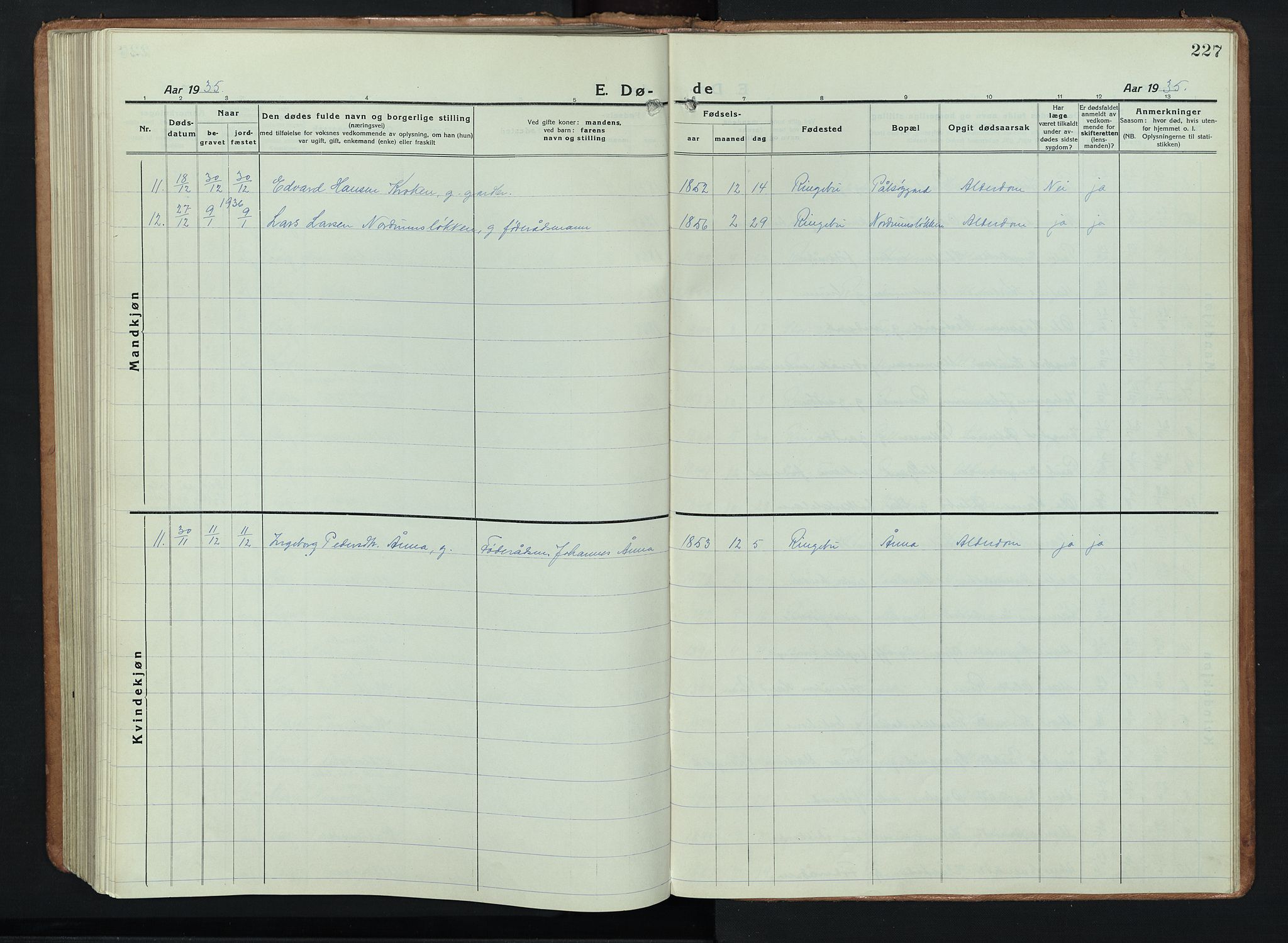 Ringebu prestekontor, AV/SAH-PREST-082/H/Ha/Hab/L0011: Parish register (copy) no. 11, 1921-1943, p. 227