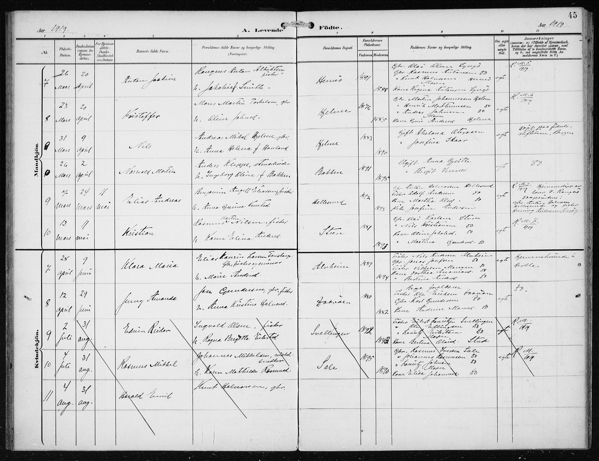 Herdla Sokneprestembete, SAB/A-75701/H/Haa: Parish register (official) no. B 1, 1902-1921, p. 45