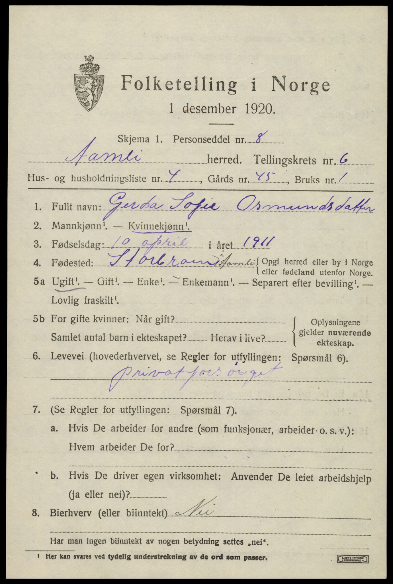 SAK, 1920 census for Åmli, 1920, p. 2685